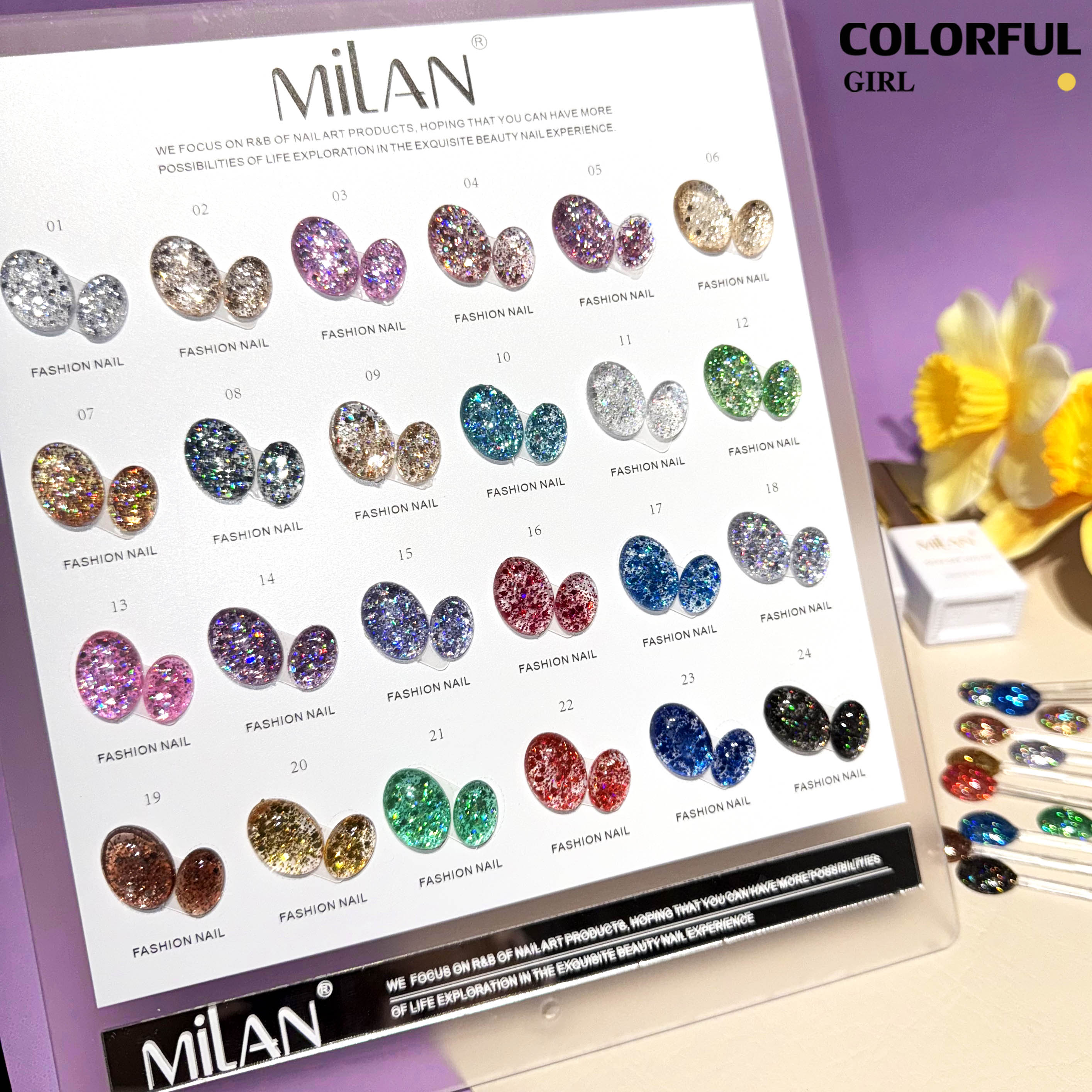 MILAN 24 สี สีกากเพชร สีเจลกลิซเตอร์  แถมฟรีชาร์ทสี