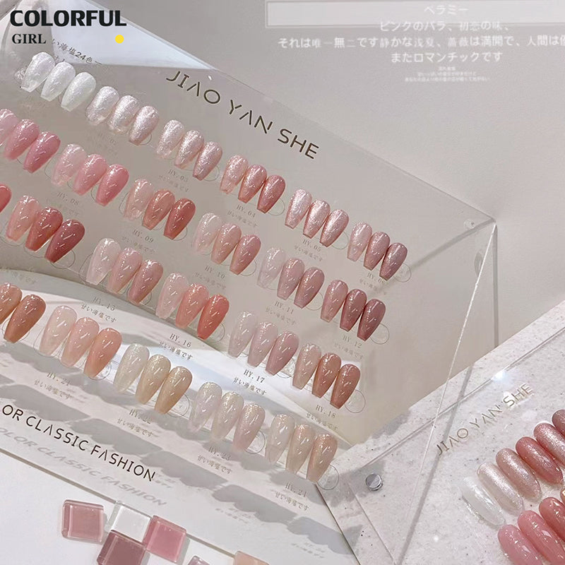 【พร้อมส่ง】สีเจล เซ็ท 24 สี JIAO YAN SHE สีเจลชิมเมอร์ 24 สีโทนชมพู แถมชาร์ทอะคริลิคสำเร็จรูป