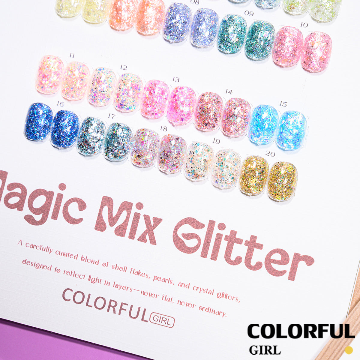 COLORFUL GIRL 20 สี ผงกลิตเตอร์ล็บสูตรพิเศษ  กลิตเตอร์ใหญ่-เล็ก ผสมเปลือกหอย ผงโอปอล ออโรร่า ( ฟรีการ์ดชาร์ทเปล่า )