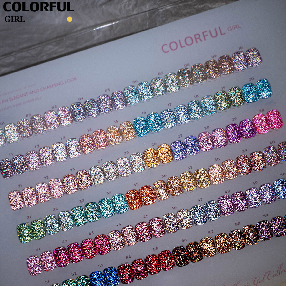 【พร้อมส่ง】Colorful Girl สีเจลแฟลชผสมฟอยล์เงิน 60 สี ชุดใหญ่สำหรับร้านทำเล็บ ประกายวิบวับ เล่นแสงสวย เปล่งประกายแม้อยู่กลางแสงแดด สีครบ ใช้งานระดับมืออาชีพ + ฟรีชาร์ทสี