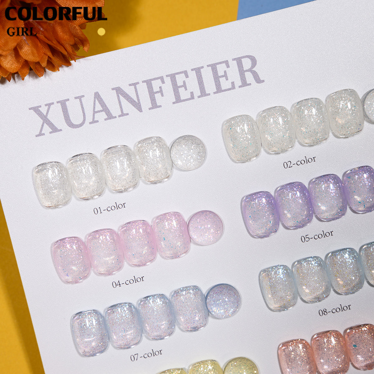 XUANFEIER 12สี สีเจลกลิตเตอร์ เจลไอซ์เฟอร์เกล็ดหิมะ เจลทาเล็บกากเพชรไอซ์เกรเดียนต์ ความหนาแน่นสูง ✨ ฟรีชาร์ทสี