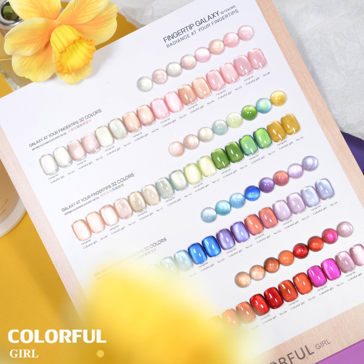 COLORFUL GIRL สีเจลแคทอายเนื้อซาติน + สีเจลแคทอาย 32 สี ✨ ฟีลน้ำใสวิ้งวาวแบบลูกแก้ว｜เล่นแสงเหมือนดาว｜โทนสีหรูดูแพง (ทามาให้แล้ว พร้อมใช้งาน) 💅