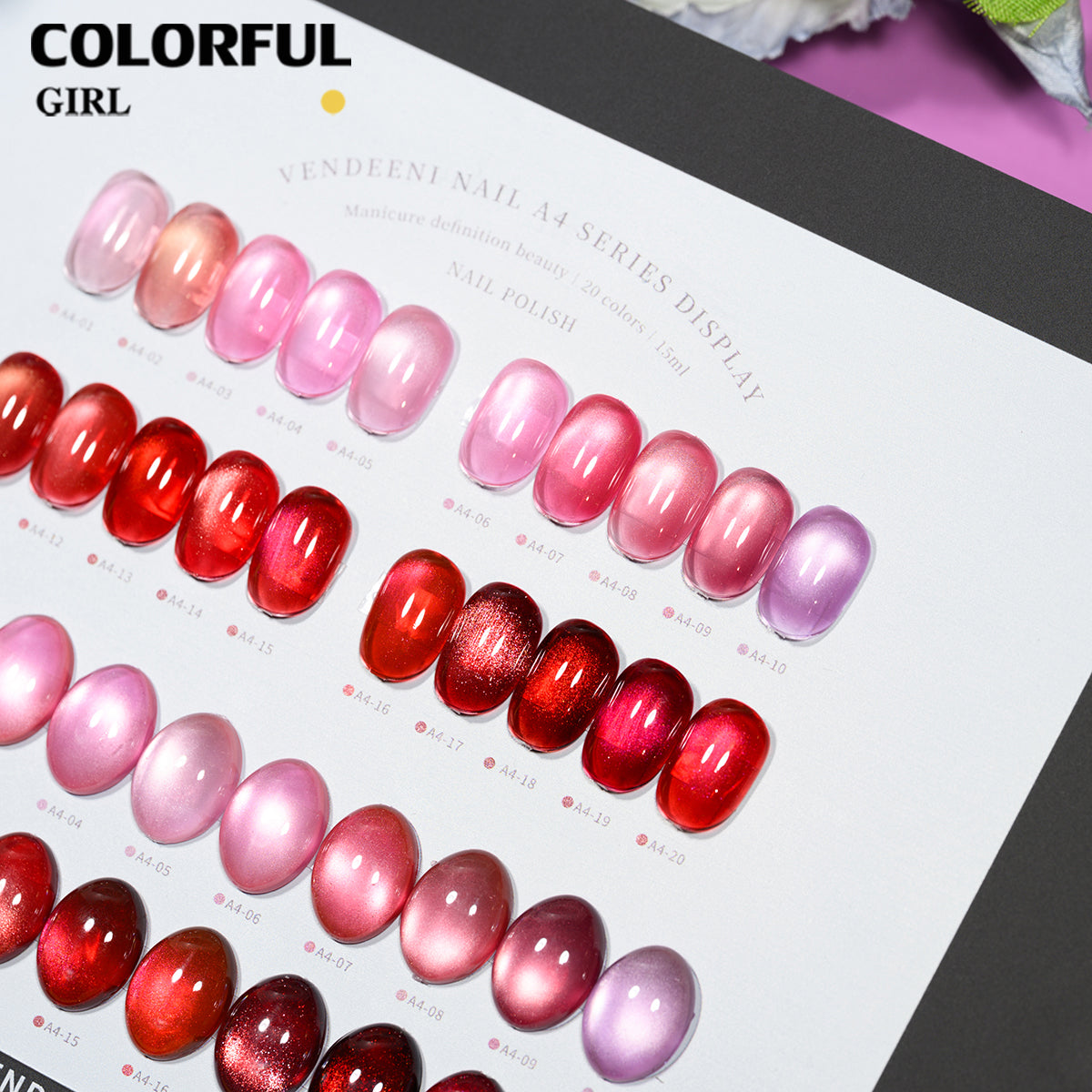 Vendeeni A4 20สี สีเจลแคทอายเนื้อซาติน+สีเจลแค  ลูกแก้วสีชมพู | ฟรีชาร์ทสี