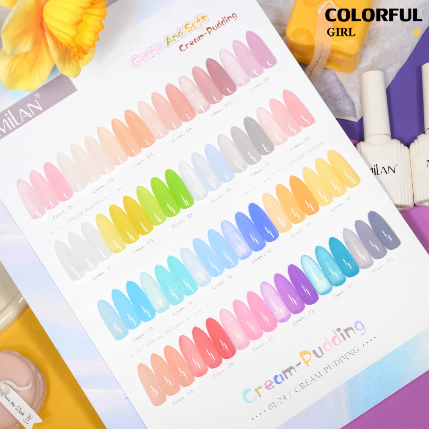 🔥 สินค้าขายดี | 【พร้อมส่ง】MILAN  สีเจลไซรัป Baby Soft โทนเบบี้นมใส เนื้อนมละมุน กึ่งโปร่งแสง สีชัดสวย 24 สี (ทามาให้แล้ว พร้อมใช้งาน) ชาร์ตสีเจลสำหรับร้านทำเล็บ