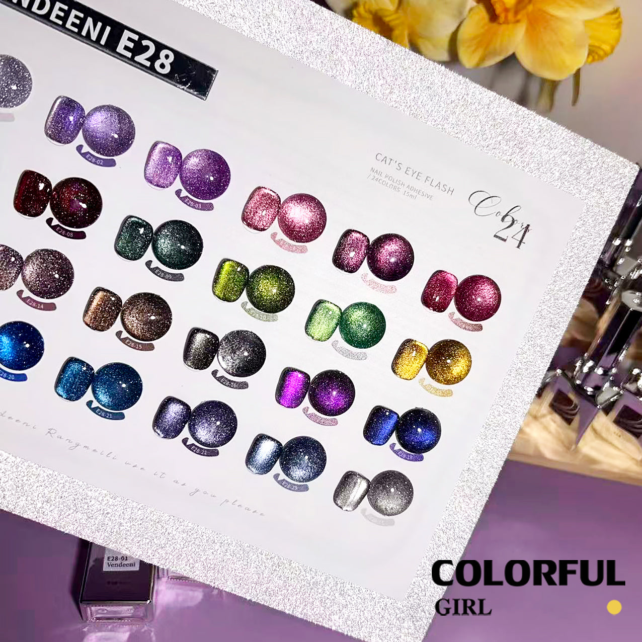 VENDEENI VDN-E28 สีเจลแคทอายประกายเพชร 24สี （แคทอายสูตรนี้มีดีที่กลิตเตอร์! ใส่ผงแฟลชเข้าไป วิบวับขั้นสุด） ฟรีชาร์ทสี