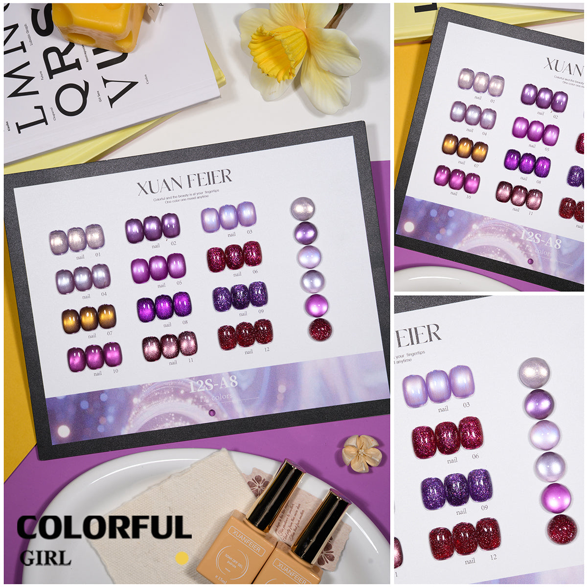 XUANFEIER สีเจลเซ็ตใหม่ 12 สี สีเจลกลิซเตอร์ สีเจลแคทอายเนื้อซาติน, สีเจลแฟลช, แถมฟรีชาร์ทสี ทุกรุ่น