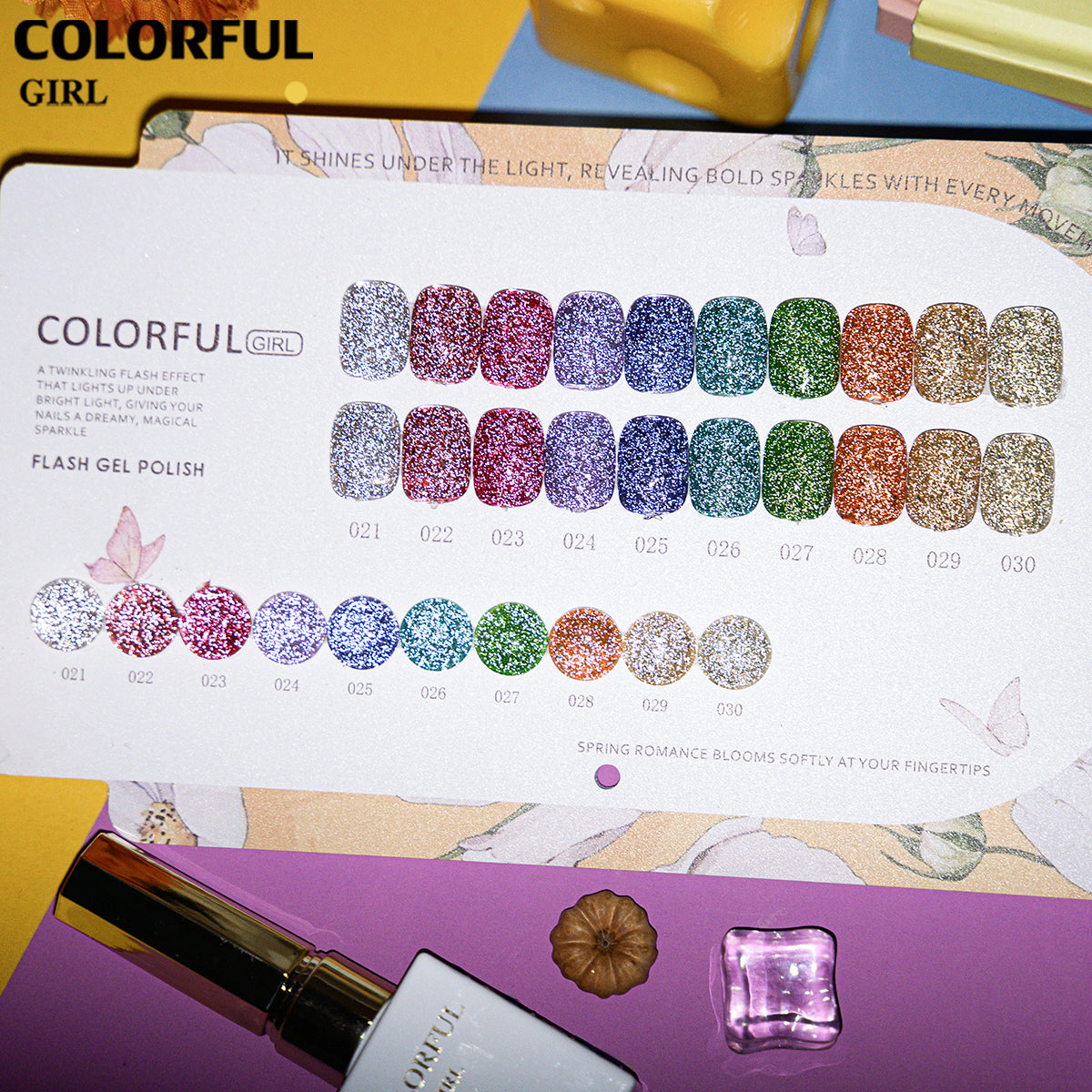 COLORFUL GIRL สีเจล 30 สี (ประกอบด้วย 10 สีเจลกลิตเตอร์ + 10 สีเจลแคทอายเนื้อซาติน + 10 สีเจลแฟลช)  มีแบบแยกขาย