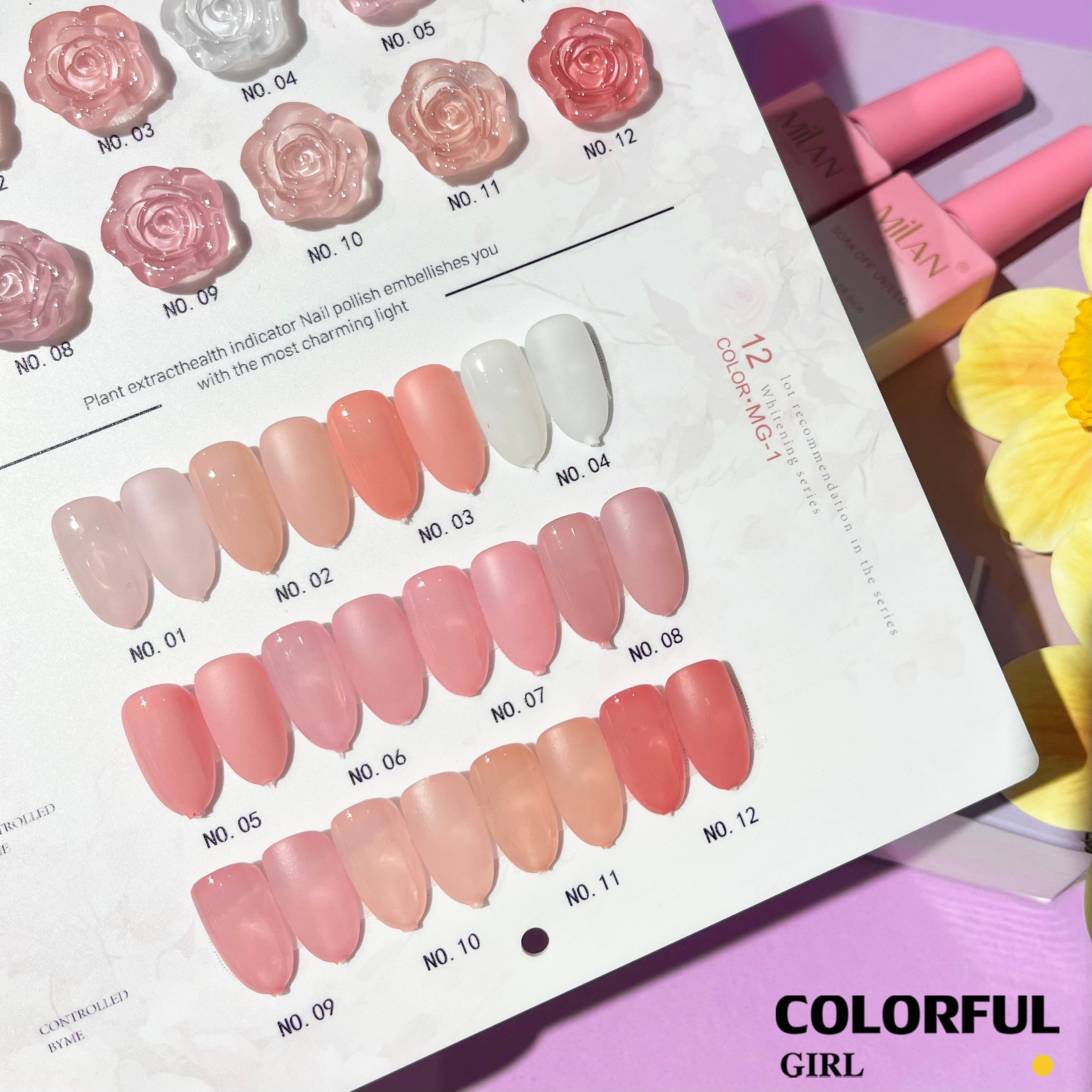 MILAN 12 สี สีเจลไซรัป โทนชมพู Ice Peach 12 สี แถมชาร์ทสีฟรี ชาร์ทดอกกุหลาบ