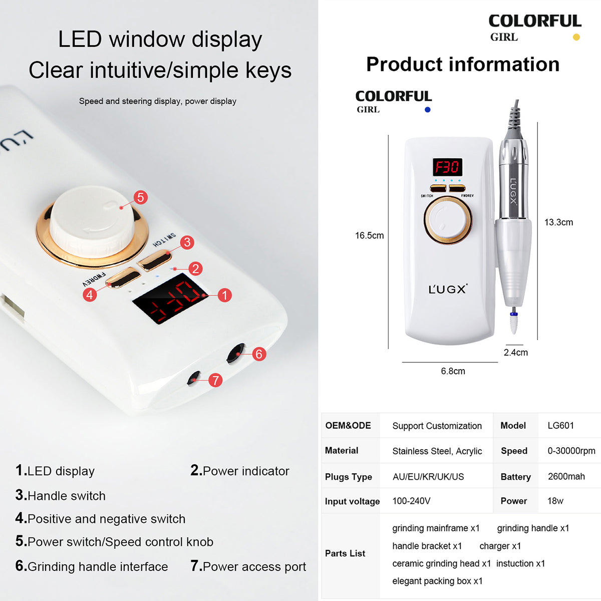 พร้อมส่งในไทย  มีหัวเจียรในกล่อง LUGX เครื่องเจียรไร้สาย  รุ่น LG601 แบตเตอรี่ในตัว 30000RPM เครื่องเจียเล็บ พรีเมี่ยม