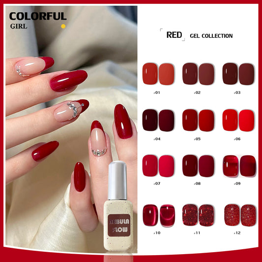 【พร้อมส่ง】NF-007|เบอร์ 1-12 แบบแยกขวด สีเจลสีแดง NebulNFlow| สีเจลสีพื้น/สีเจลแคทอาย/สีเจลกลิซเตอร์/สีเจลไซรัป วิบวับ สีแน่น ต้องอบ สวยมาก "