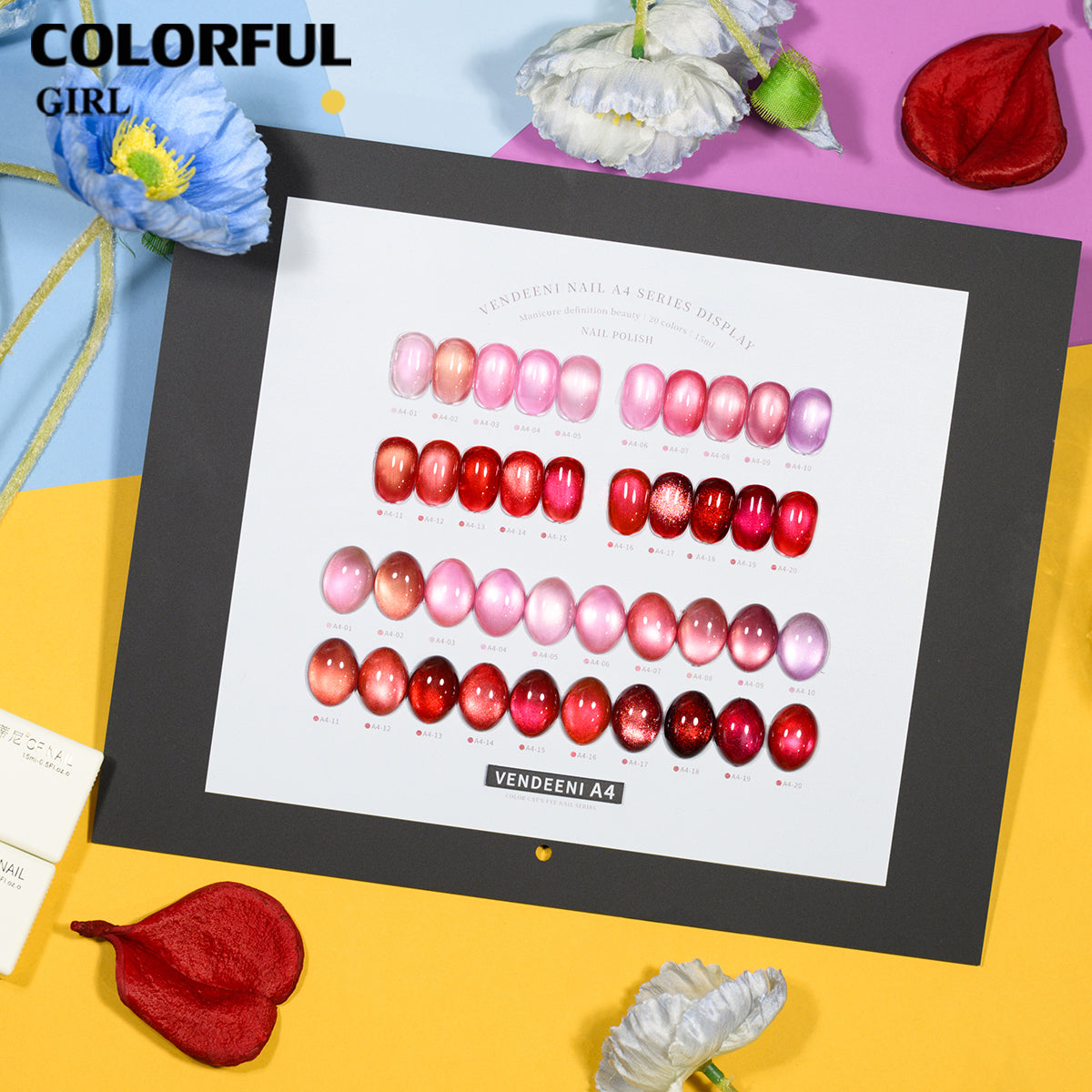 Vendeeni A4 20สี สีเจลแคทอายเนื้อซาติน+สีเจลแค  ลูกแก้วสีชมพู | ฟรีชาร์ทสี