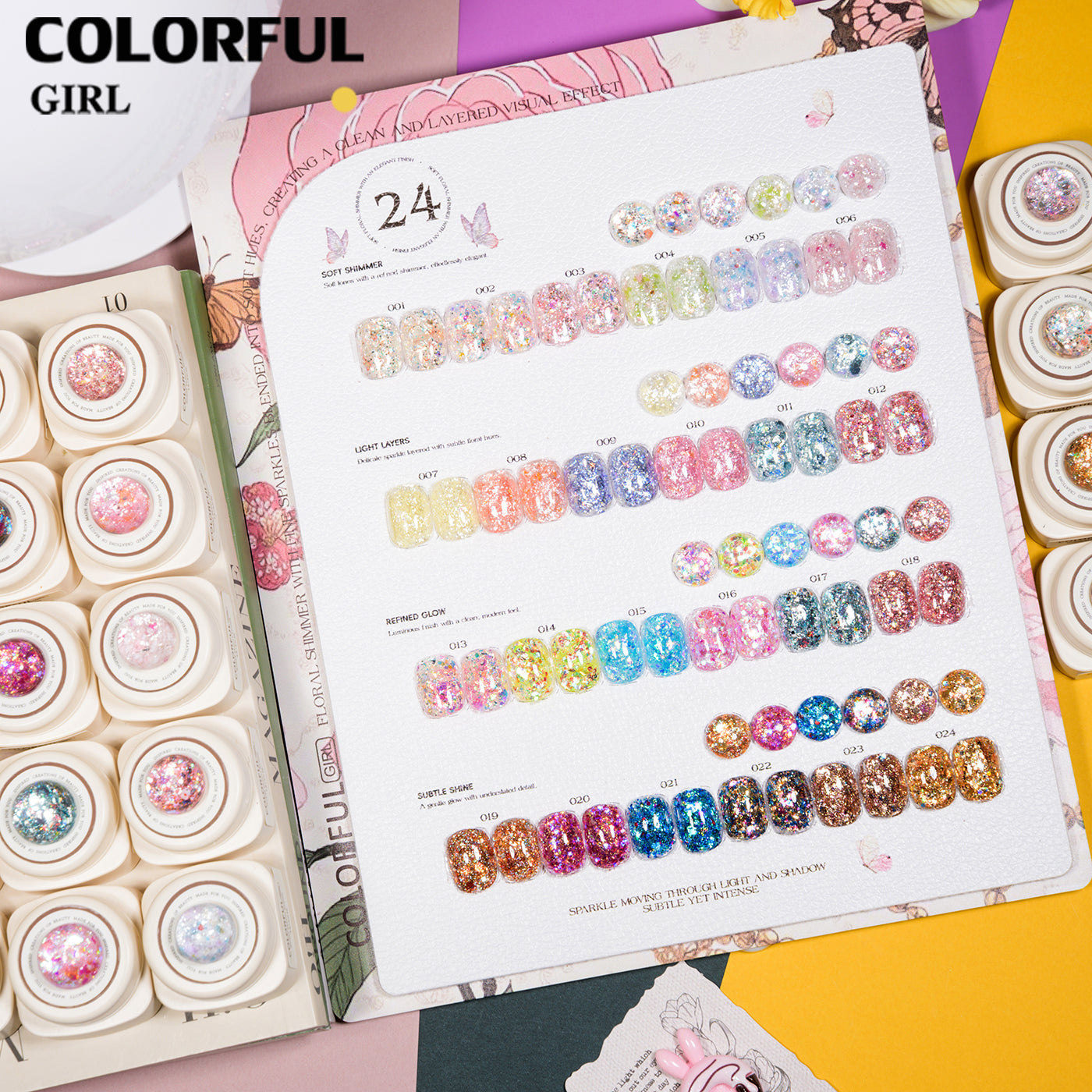 【พร้อมส่ง】เจลเล็บ COLORFUL GIRL 24 สี | สีเจลกลิตเตอร์วิบวับจัดเต็ม |5 กรัม | กลิตเตอร์เนื้อแน่น | แบบกระปุก  วิ้งกระแทกตา เล่นแสงสุดปัง | ทาแล้วดูแพงทันที 💎(ทามาให้แล้ว พร้อมใช้งาน) สีเจลกลิตเตอร์เนื้อแน่น |