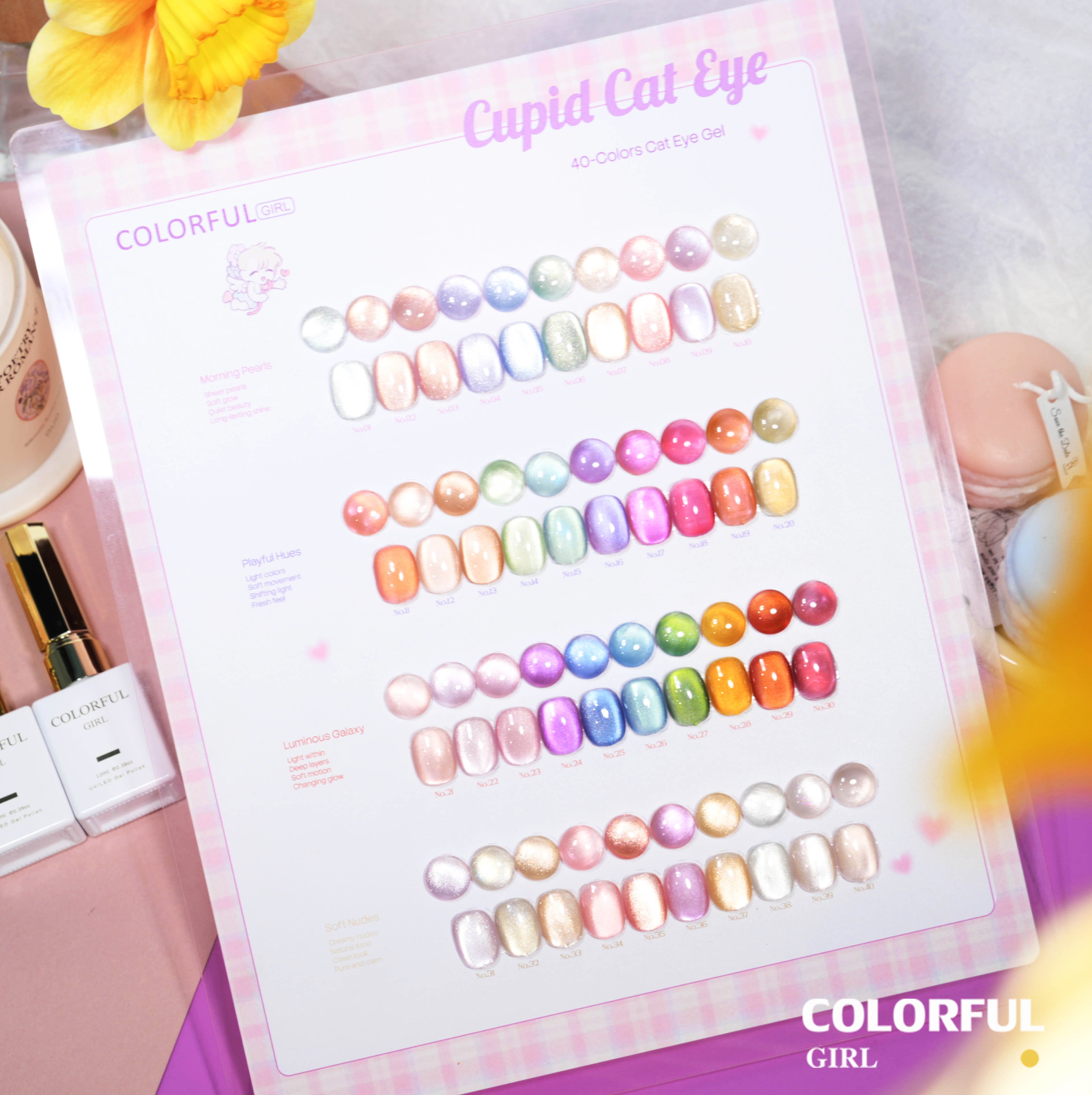 COLORFUL GIRL Cupid Cat Eye 40 สี ✨ รวมสีเจลแคทอายเนื้อซาติน + สีเจลแคทอายลูกแก้ว ฟีลคิวปิดชวนใจละลาย｜แคทอายโทนลูกกวาดสีรุ้ง｜หวานวิ้งละมุนสุด ๆ สไตล์สาวเกาหลี 💖 (ทามาให้แล้ว พร้อมใช้งาน)