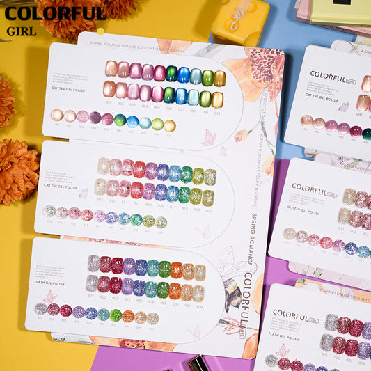 COLORFUL GIRL สีเจล 30 สี (ประกอบด้วย 10 สีเจลกลิตเตอร์ + 10 สีเจลแคทอายเนื้อซาติน + 10 สีเจลแฟลช)  มีแบบแยกขาย