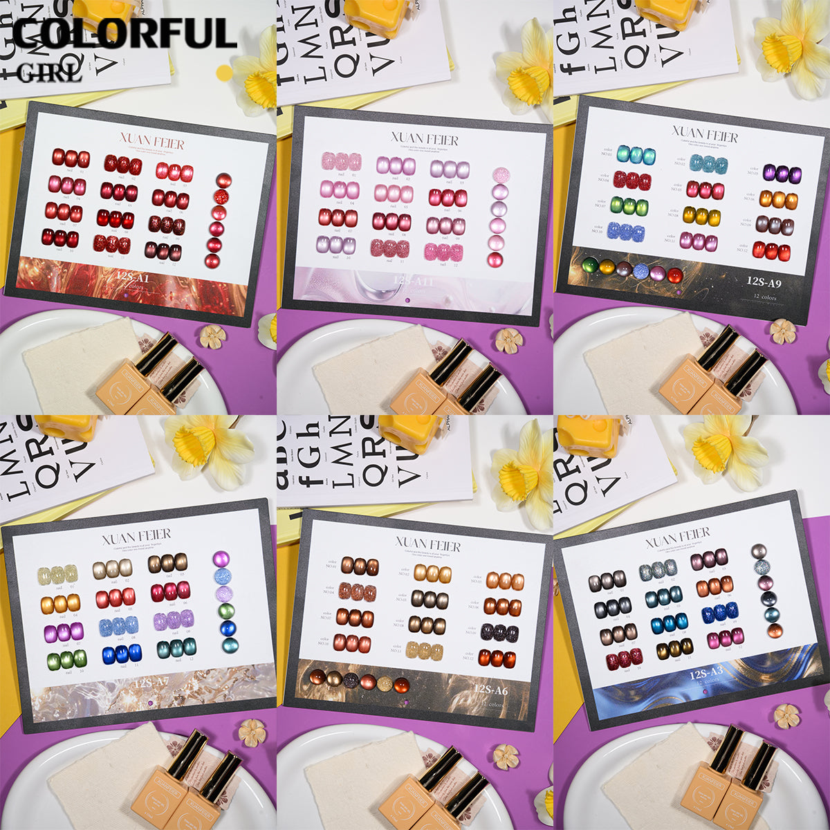 XUANFEIER สีเจลเซ็ตใหม่ 12 สี สีเจลกลิซเตอร์ สีเจลแคทอายเนื้อซาติน, สีเจลแฟลช, แถมฟรีชาร์ทสี ทุกรุ่น