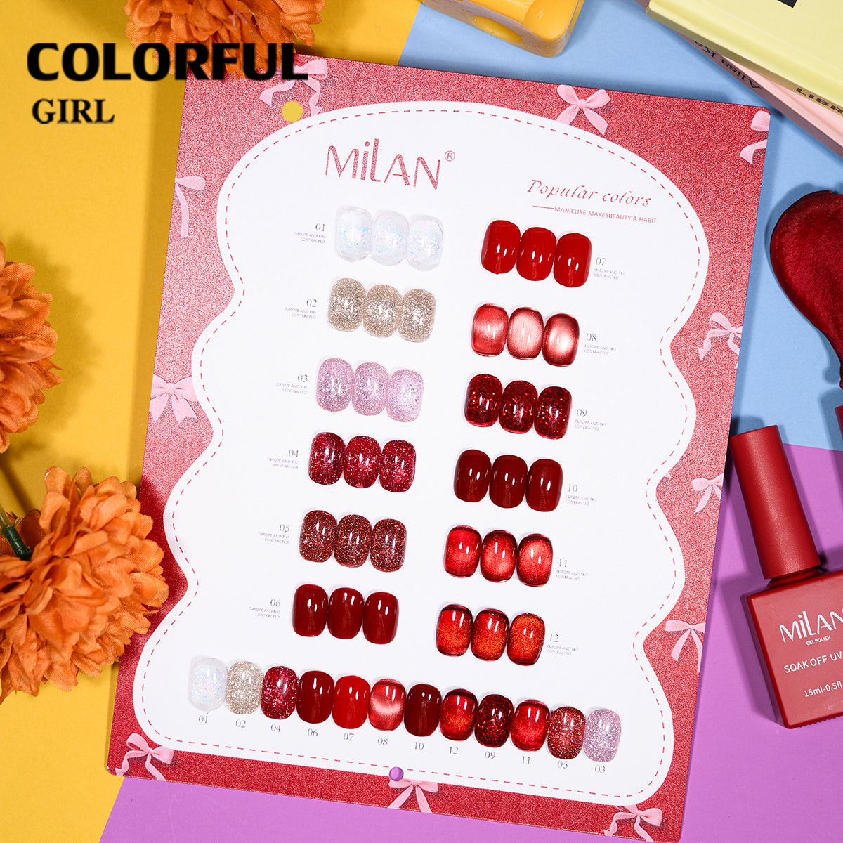 MILAN 12สี รวมแผ่นสีเจลโทนแดงยอดนิยม หลายเฉดสีแดง｜ไวน์แดง / แดงคลาสสิก / แดงนู้ดอมชมพู / แบบกากเพชรละเอียด｜สีเจลแคทอาย /สีเจลแฟลช/สีเจลกลิซเตอร์ ✨ (ทามาให้แล้ว พร้อมใช้งาน)