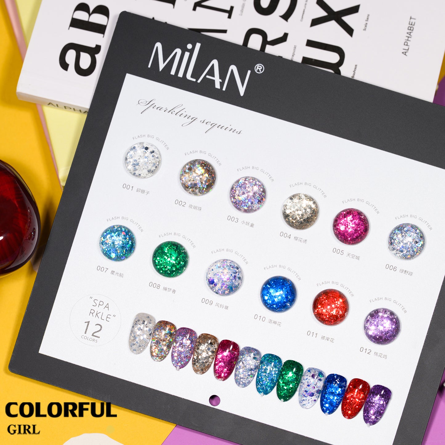 【พร้อมส่ง】สีสีเจล MILANสีกากเพชร สีเจลกลิซเตอร์ 12 สี แถม ชาร์ทสี(milan) สีเจลกลิซเตอร์  สีแฟลช และ สีกากเพชร แบรนด์