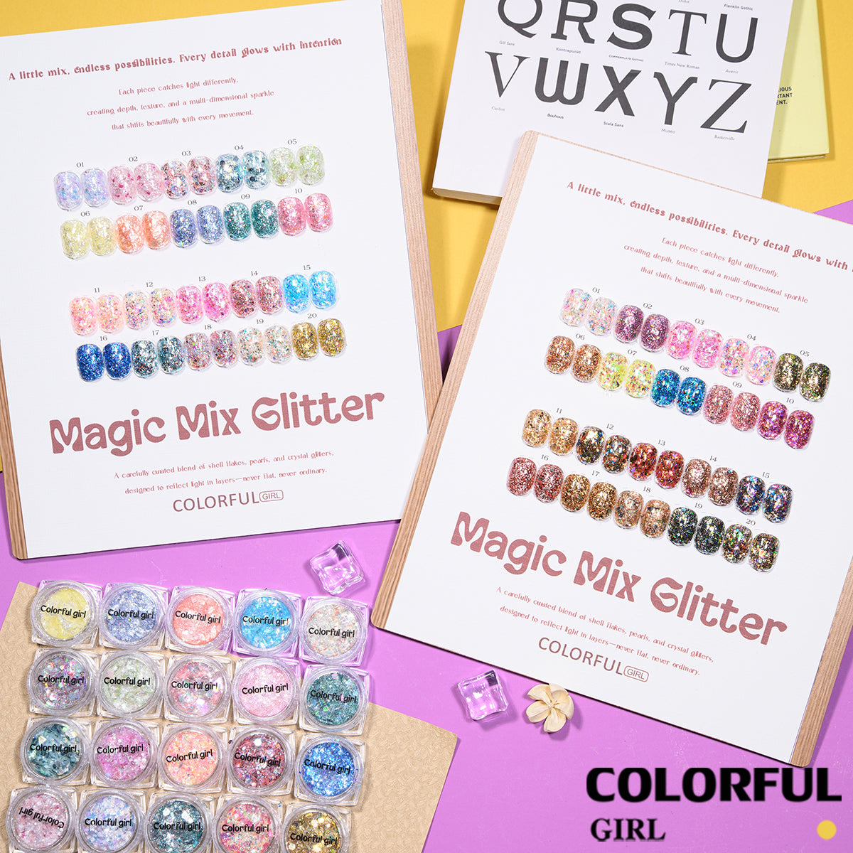 COLORFUL GIRL 20 สี ผงกลิตเตอร์ล็บสูตรพิเศษ  กลิตเตอร์ใหญ่-เล็ก ผสมเปลือกหอย ผงโอปอล ออโรร่า ( ฟรีการ์ดชาร์ทเปล่า )