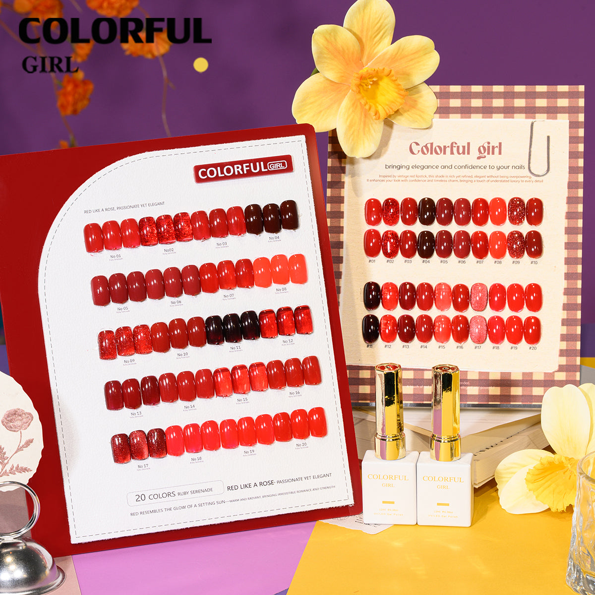 "Colorful Girl โทนสีแดง ✨ 20 สีครบเซ็ต｜รวมหลายเนื้อเจล (สีพื้น/ไซรัป/แฟลช/แคทอาย) ลุคหรูหรา เปล่งประกายดุจดอกกุหลาบ 🌹 (แถมชาร์ทสี พร้อมใช้งาน)"