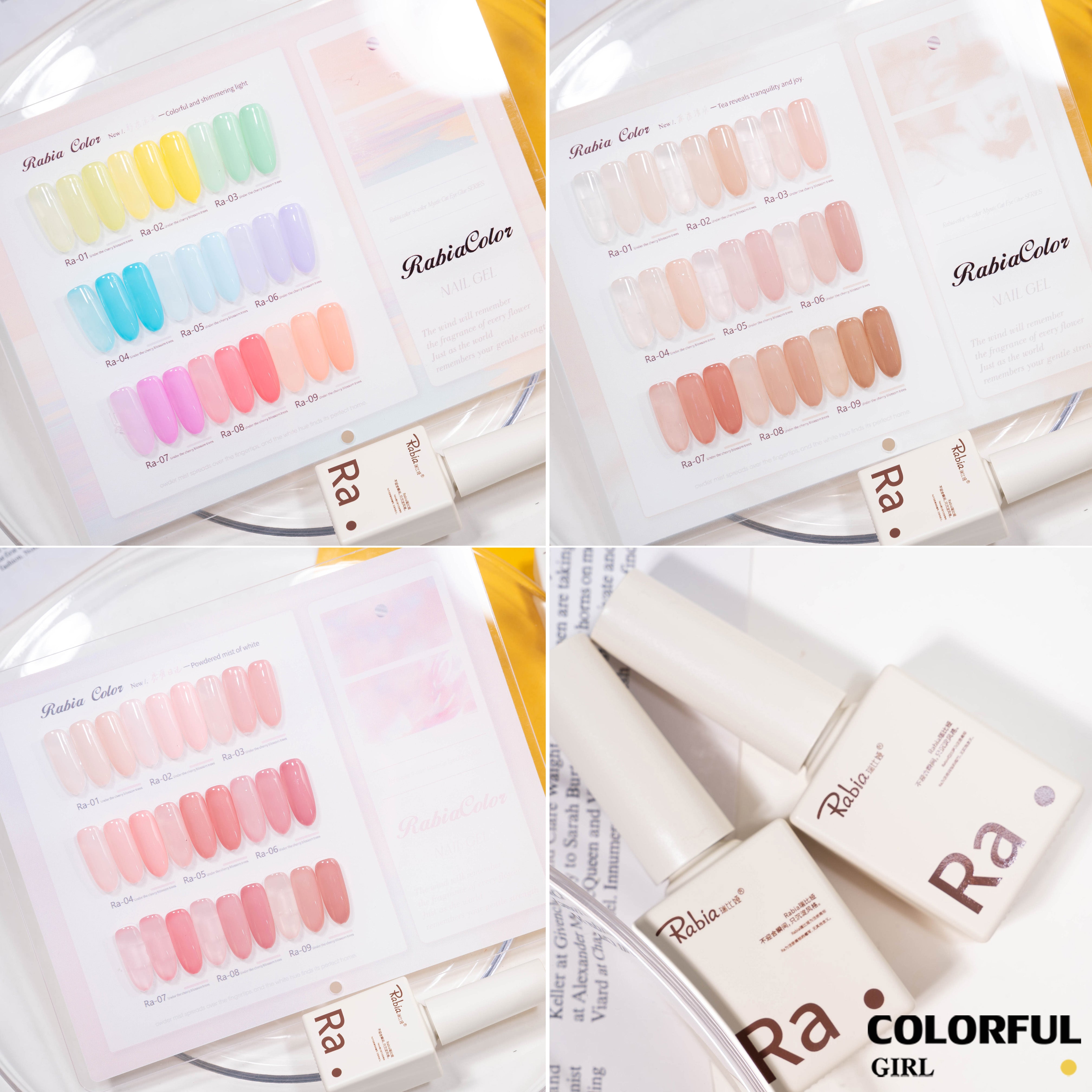 สินค้าขายดี | 【พร้อมส่ง】Rabia สีเจลไซรัป Baby Soft / สีเจลไซรัปโทนผิวธรรมชาติ โทนนู้ดเบบี้นมใส เนื้อเจลนมละมุน กึ่งโปร่งแสง สีสวยชัด 9 สี พร้อมทาใช้งานทันที ชาร์ตสีเจลสำหรับร้านทำเล็บ