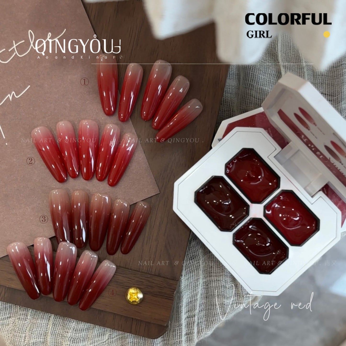 Qingyou Solid Pat Gel 4-Square Series เจลแพตโทนแดงวินเทจ เนื้อเนียนละเอียด สีแน่น