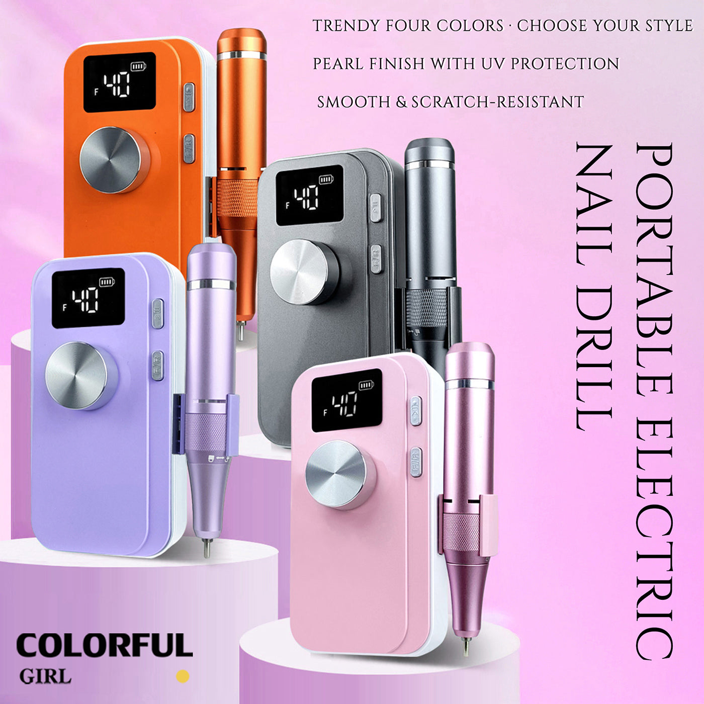 เครื่องเจียเล็บไฟฟ้าแบบพกพา 4 สี |รุ่น M05 ความเร็วสูงสุด 40,000 รอบ/นาที · เสถียร เสียงเบา · ระดับมืออาชีพ ปรับความเร็วด้วยปุ่มหมุน ·  แบตเตอรี่ 3000mAh