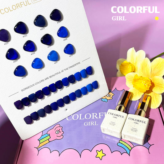 【พร้อมส่ง】 สีทาเล็บเจลColorful girl สี( Colorful girl) สีเจล สีเจลสีพื้น 12สีชุดเจลสีฟ้า    แถม ชาร์ทสี