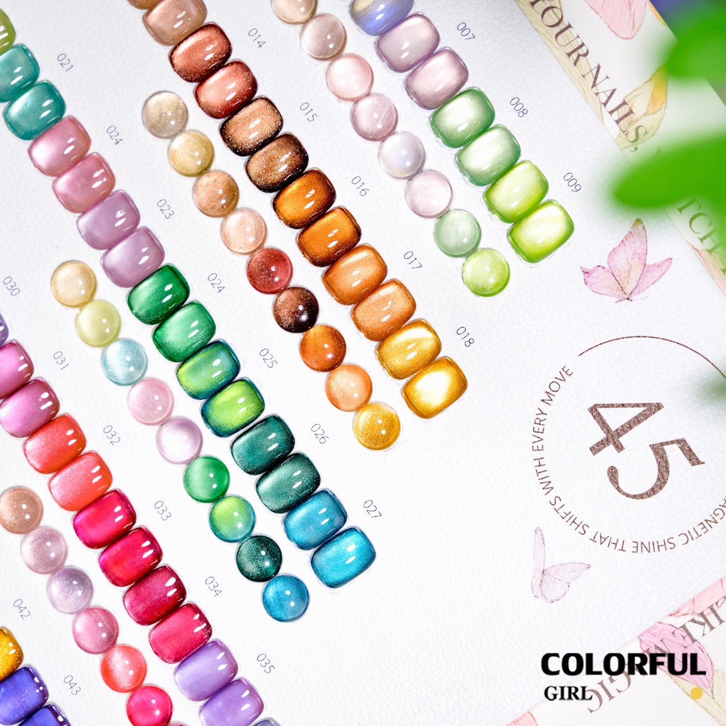 COLORFUL GIRL 45 สี  สีเจลแคทอายเนื้อซาติน + สีเจลแคทอายลูกแก้ว แถมฟรีชาร์ทสี