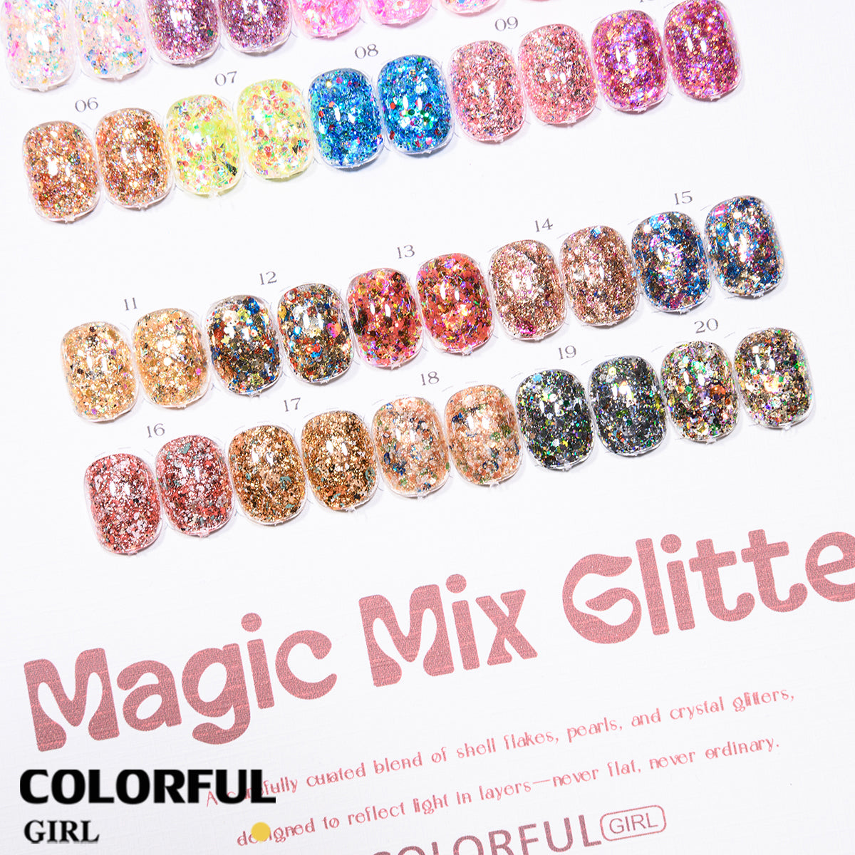 COLORFUL GIRL 20 สี ผงกลิตเตอร์ล็บสูตรพิเศษ  กลิตเตอร์ใหญ่-เล็ก ผสมเปลือกหอย ผงโอปอล ออโรร่า ( ฟรีการ์ดชาร์ทเปล่า )