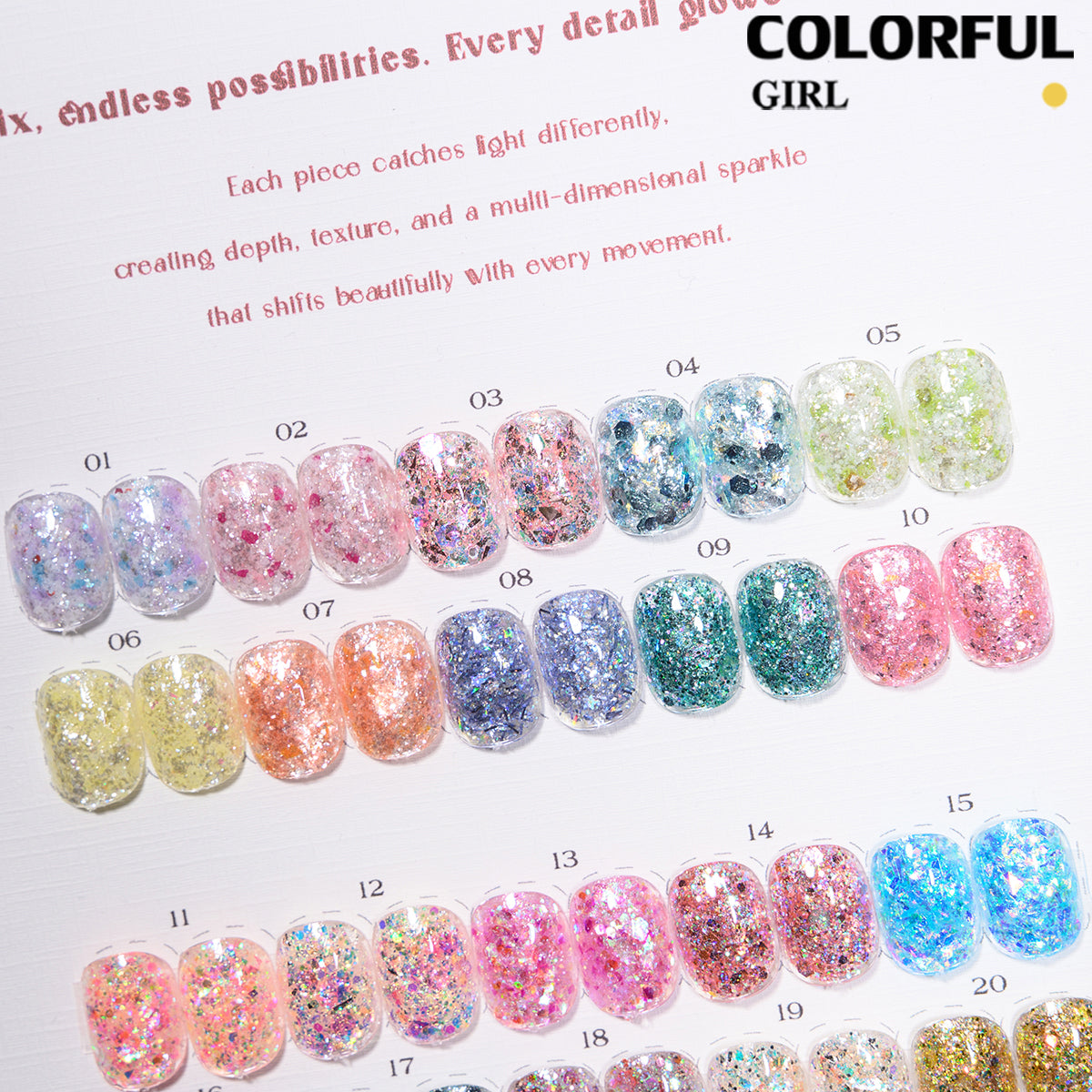 COLORFUL GIRL มีให้เลือก 40 สี ผงกลิตเตอร์ล็บสูตรพิเศษ  กลิตเตอร์ใหญ่-เล็ก ผสมเปลือกหอย ผงโอปอล ออโรร่า