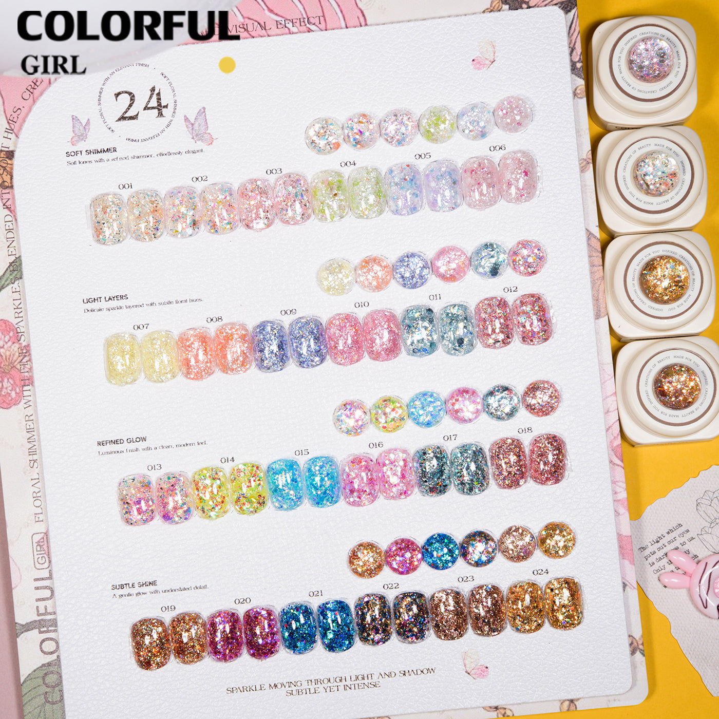 【พร้อมส่ง】เจลเล็บ COLORFUL GIRL 24 สี | สีเจลกลิตเตอร์วิบวับจัดเต็ม |5 กรัม | กลิตเตอร์เนื้อแน่น | แบบกระปุก  วิ้งกระแทกตา เล่นแสงสุดปัง | ทาแล้วดูแพงทันที 💎(ทามาให้แล้ว พร้อมใช้งาน) สีเจลกลิตเตอร์เนื้อแน่น |