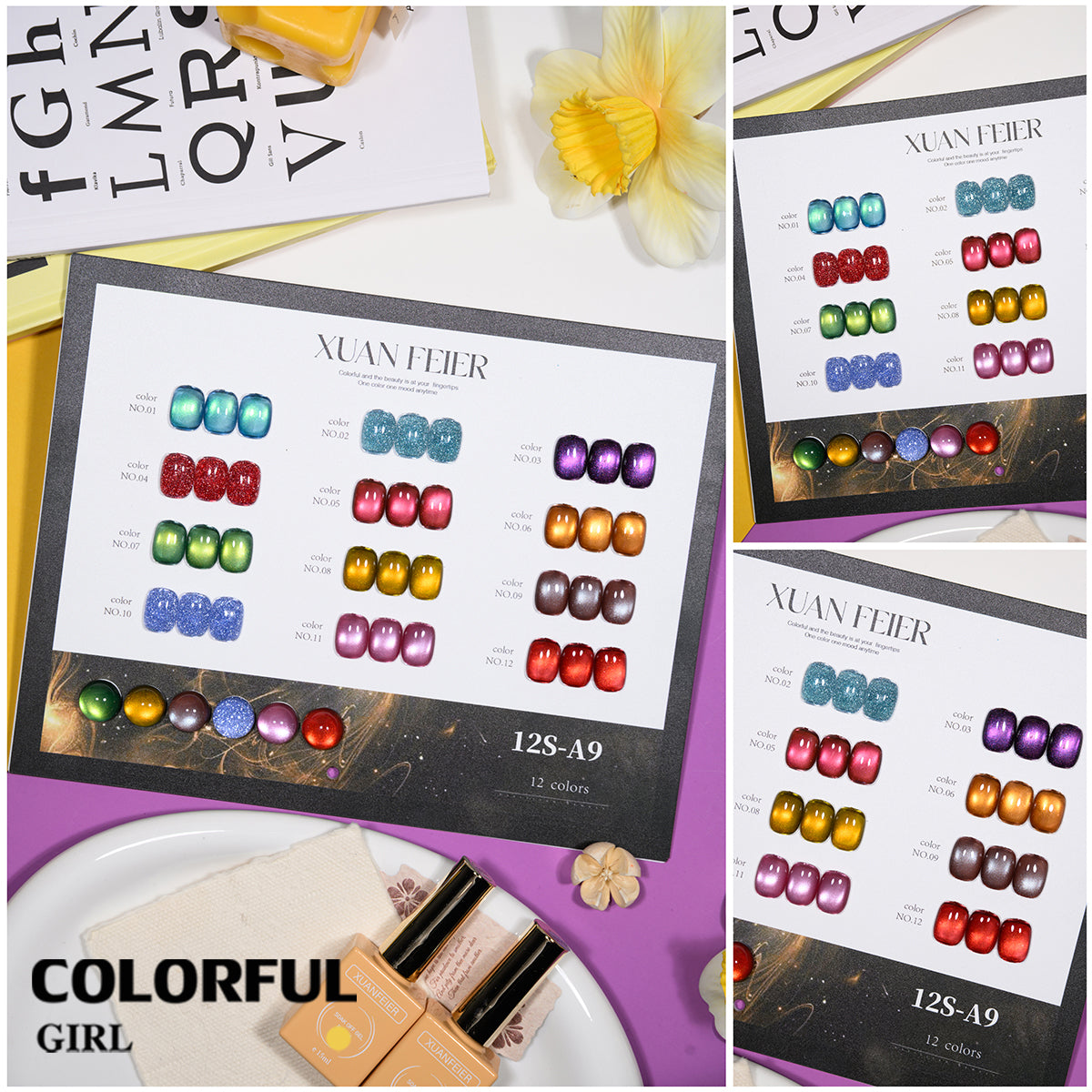 XUANFEIER สีเจลเซ็ตใหม่ 12 สี สีเจลกลิซเตอร์ สีเจลแคทอายเนื้อซาติน, สีเจลแฟลช, แถมฟรีชาร์ทสี ทุกรุ่น