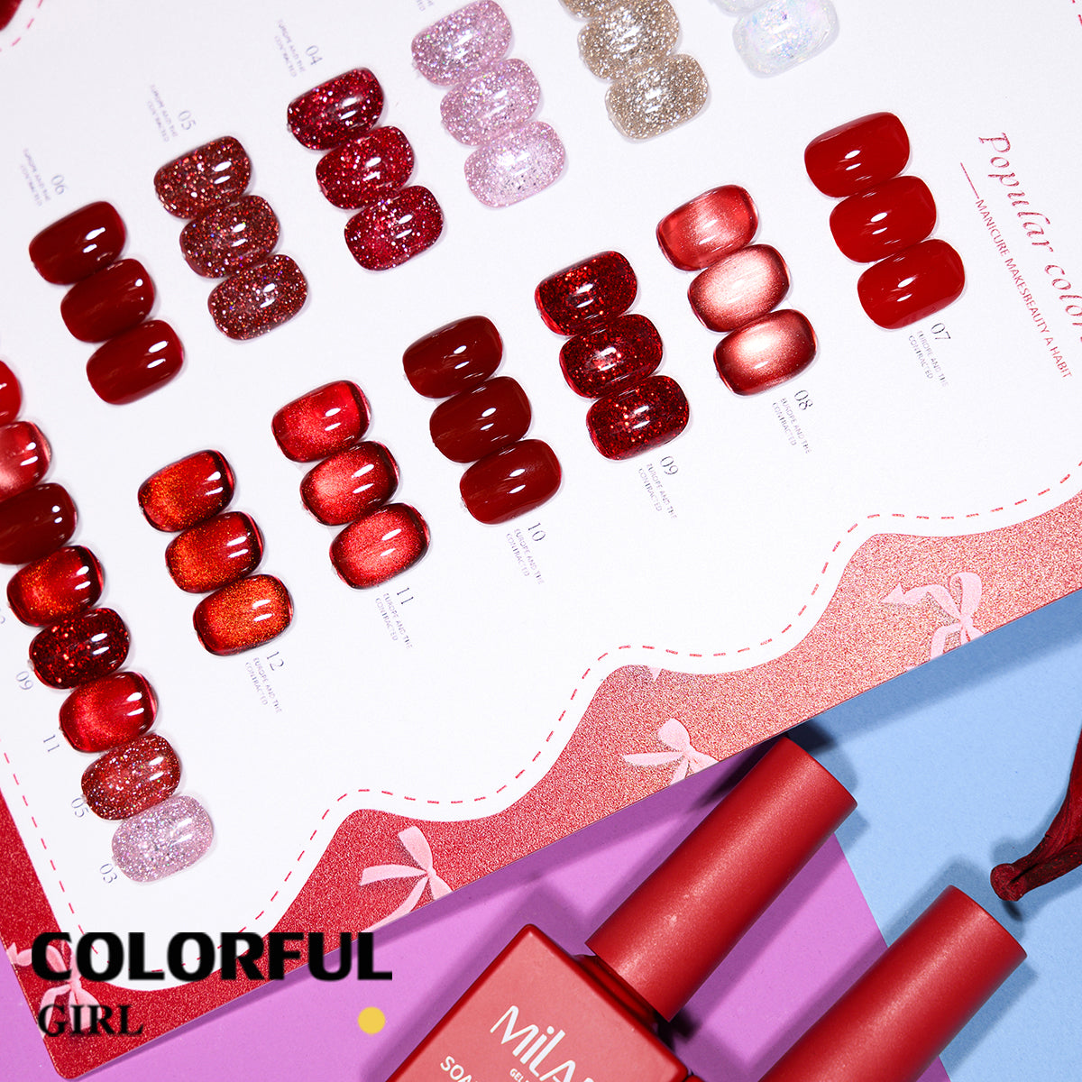 MILAN 12สี รวมแผ่นสีเจลโทนแดงยอดนิยม หลายเฉดสีแดง｜ไวน์แดง / แดงคลาสสิก / แดงนู้ดอมชมพู / แบบกากเพชรละเอียด｜สีเจลแคทอาย /สีเจลแฟลช/สีเจลกลิซเตอร์ ✨ (ทามาให้แล้ว พร้อมใช้งาน)