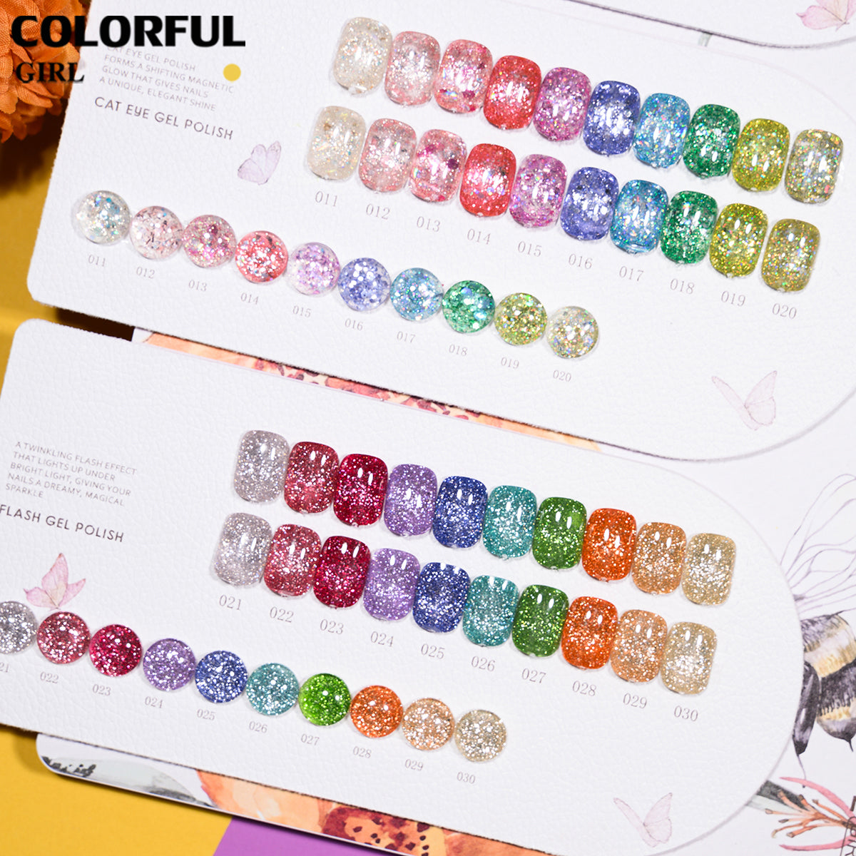 COLORFUL GIRL สีเจล 30 สี (ประกอบด้วย 10 สีเจลกลิตเตอร์ + 10 สีเจลแคทอายเนื้อซาติน + 10 สีเจลแฟลช)  มีแบบแยกขาย