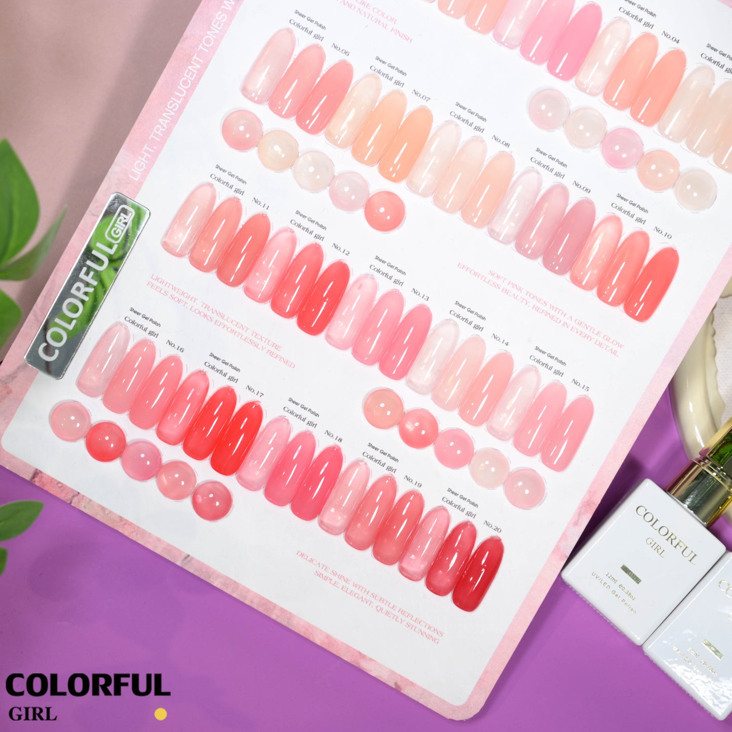 【พร้อมส่ง】สีเจลไซรัป Colorful Girl เซต 20 สี ✨ โทน Ice Peach ชมพูพีชละมุน ฟีลลูกคุณหนูหวานแพง ขับผิวให้มือดูสว่างอมชมพู เนื้อเจลใสฉ่ำแบบลูกแก้ว สีแน่นเงาวาว เล่นแสงสวย ติดทนนาน 💖 ฟรีชาร์ตสีซีรีส์ Sweet Nude Pink (ทามาให้แล้ว พร้อมใช้งาน) ✨