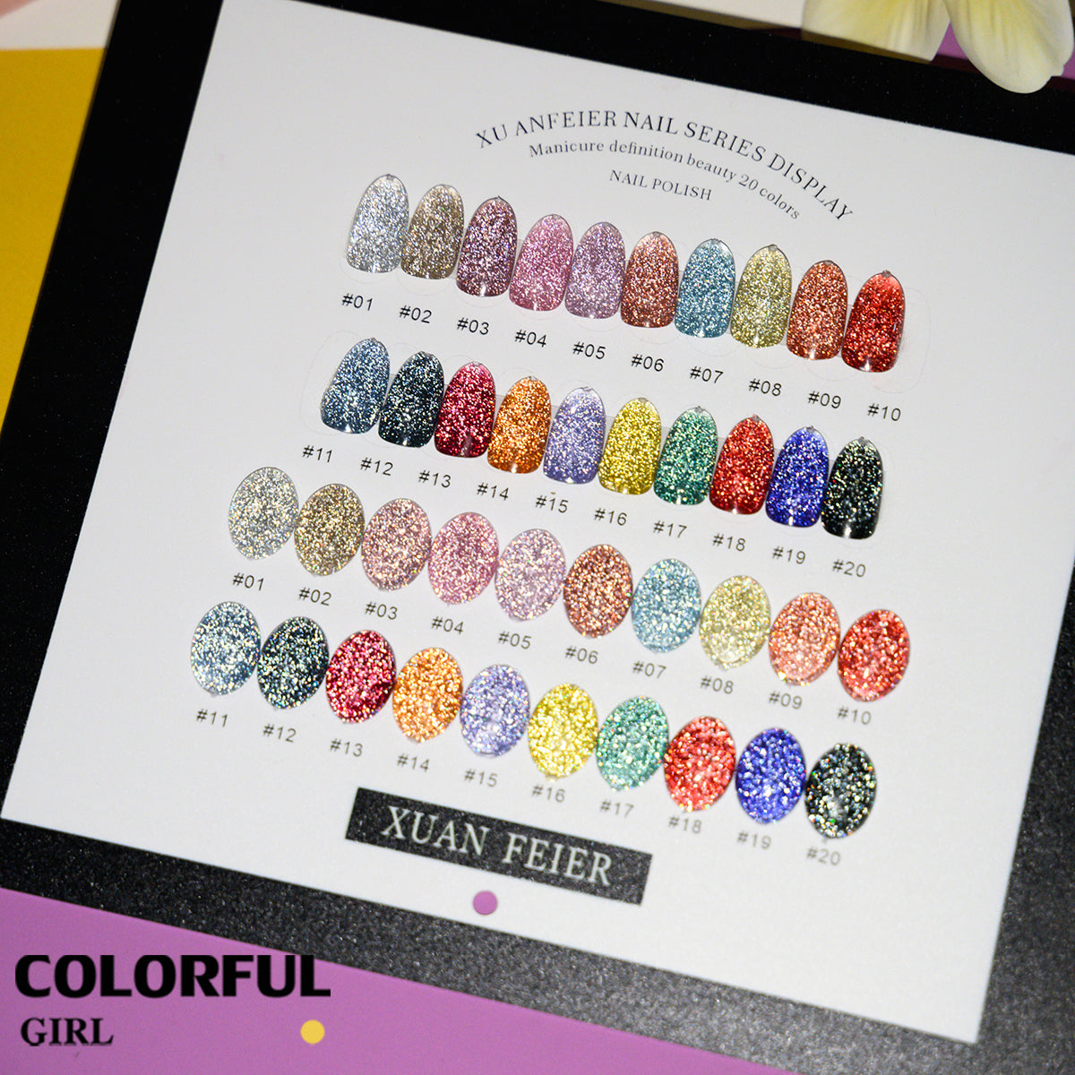 XUANFEIER 20 สี ·สีเจลแฟลช  ประกายทรายดาว · คอลเลกชันสีเจลกลิตเตอร์ความหนาแน่นสูง  (ทามาให้แล้ว พร้อมใช้งาน) Flash Gel
