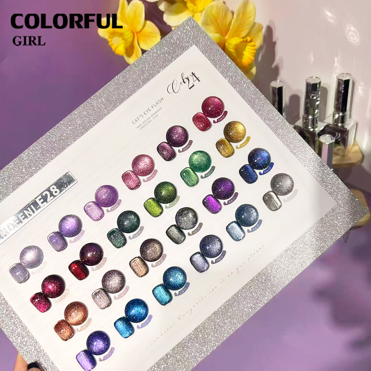 VENDEENI VDN-E28 สีเจลแคทอายประกายเพชร 24สี （แคทอายสูตรนี้มีดีที่กลิตเตอร์! ใส่ผงแฟลชเข้าไป วิบวับขั้นสุด） ฟรีชาร์ทสี