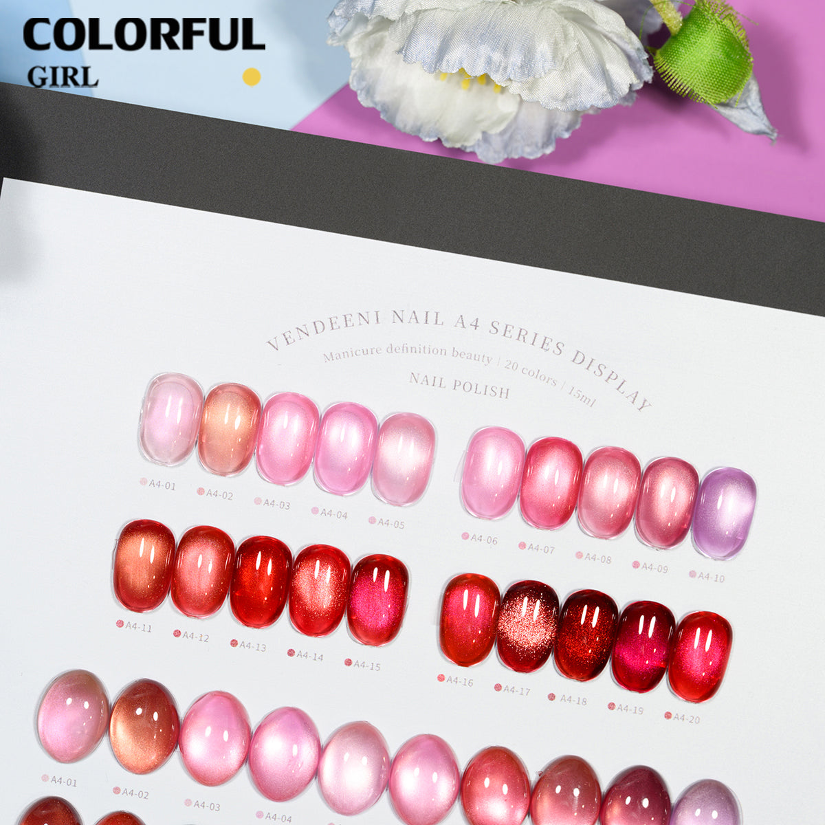 Vendeeni A4 20สี สีเจลแคทอายเนื้อซาติน+สีเจลแค  ลูกแก้วสีชมพู | ฟรีชาร์ทสี