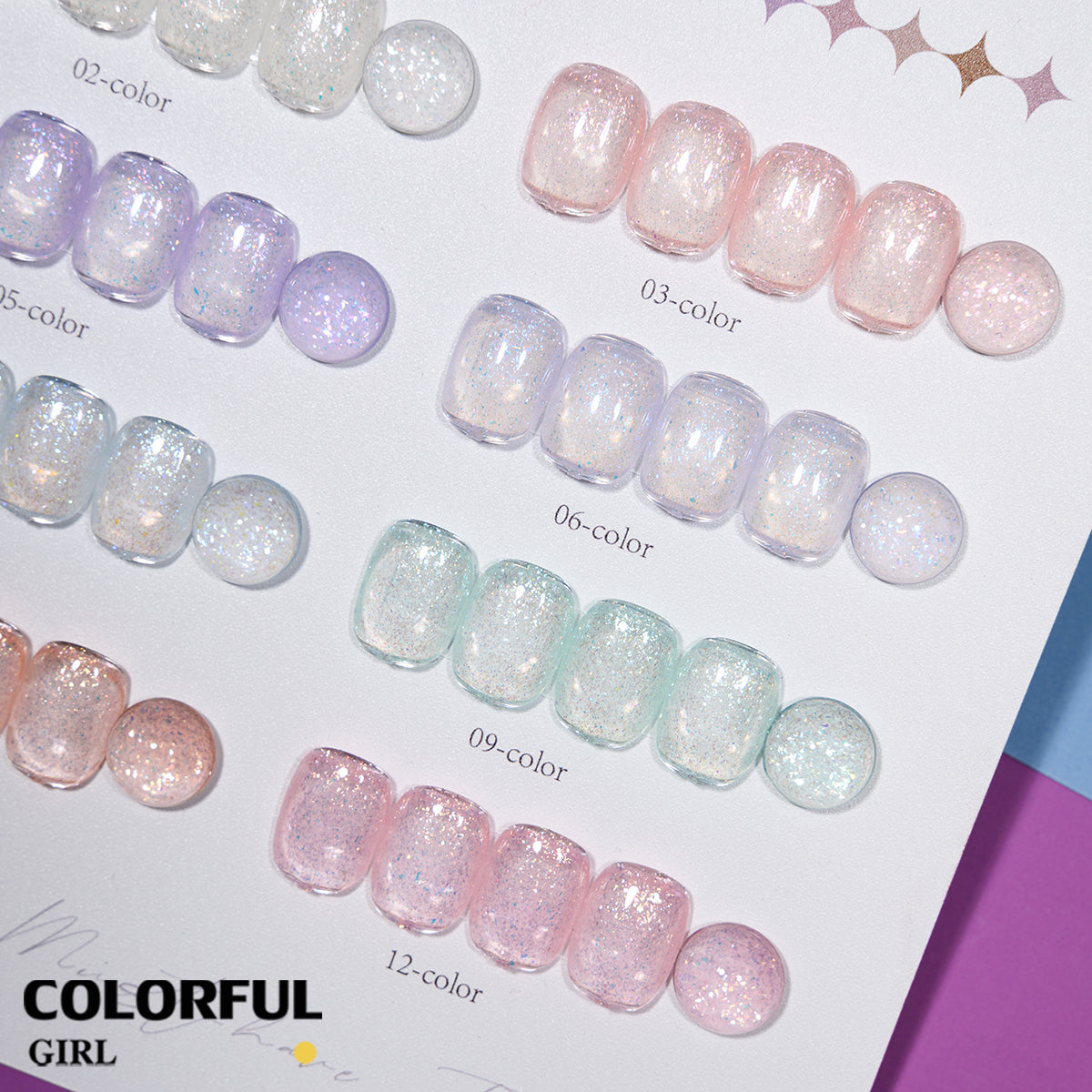 XUANFEIER 12สี สีเจลกลิตเตอร์ เจลไอซ์เฟอร์เกล็ดหิมะ เจลทาเล็บกากเพชรไอซ์เกรเดียนต์ ความหนาแน่นสูง ✨ ฟรีชาร์ทสี