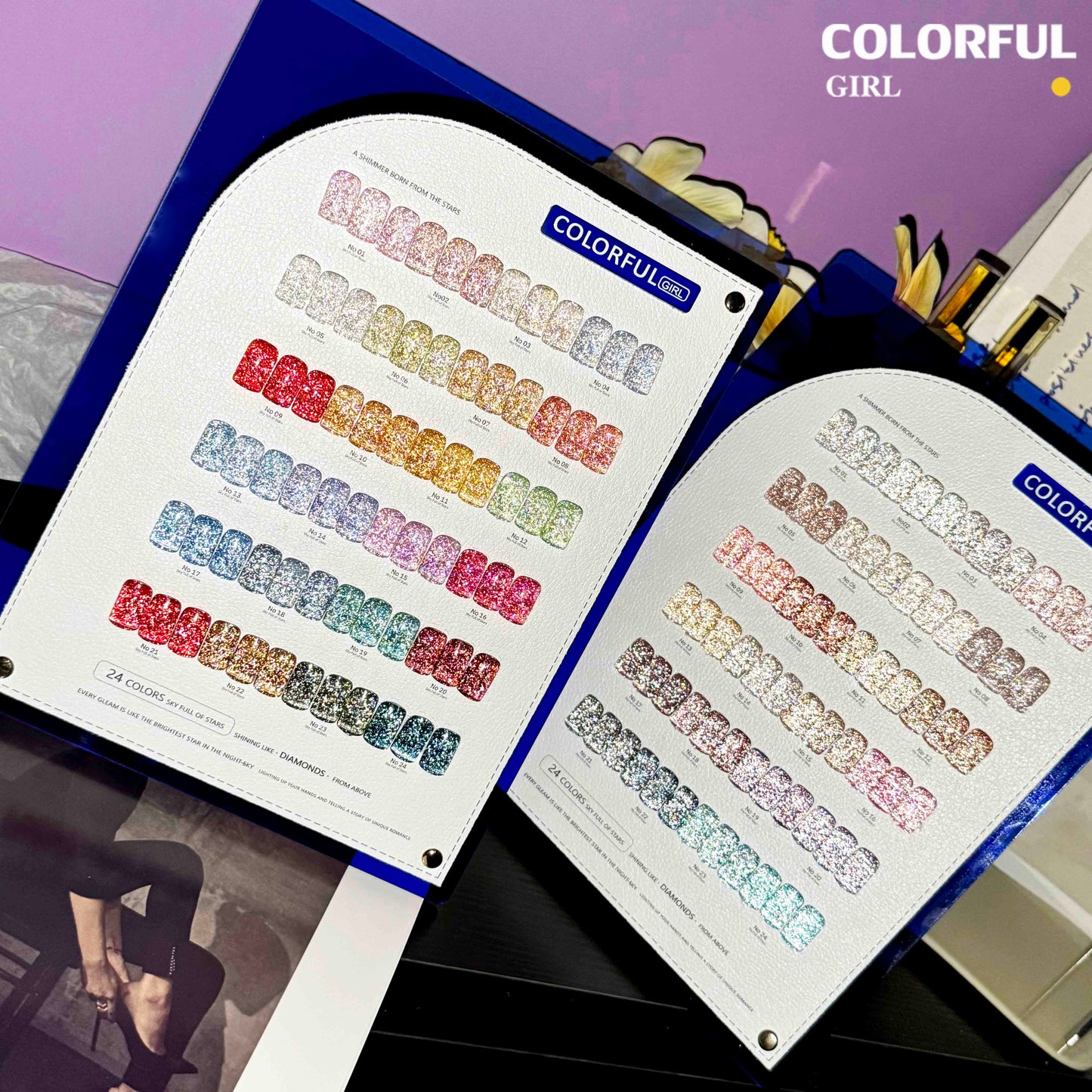 Colorful Girl สีเจลแฟลช 24 สี  สีแฟลช สีแน่นสวย ประกายเด่นชัด   มีให้เลือก 2 โทนสี — โทนเข้ม & โทนอ่อน  แถมฟรีชาร์ทสี