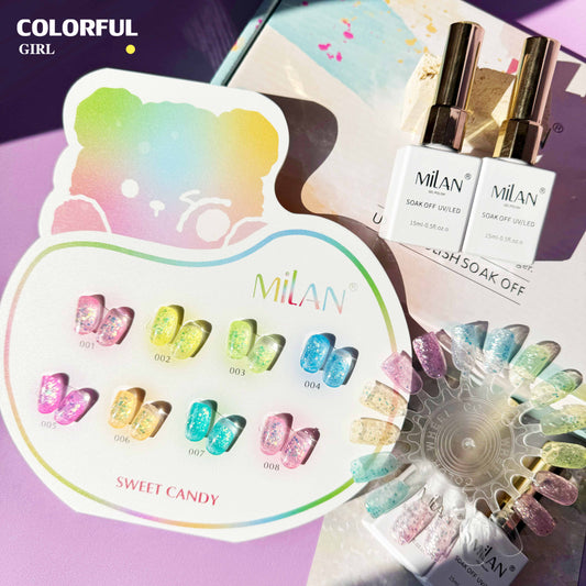 【พร้อมส่ง】สีลูกกวาด milan   สีเจลแฟลช 8 สี (milan )สีเจลทาเล็บ สี แถม ชาร์ทสี ยาทาเล็บเจล  15 มล.