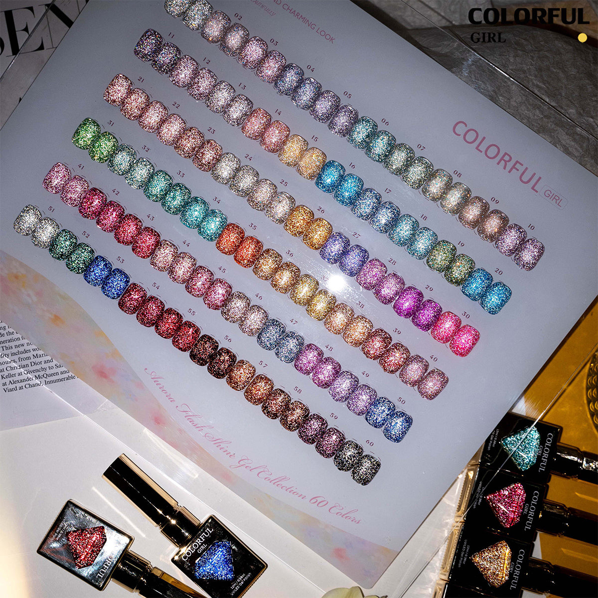 【พร้อมส่ง】Colorful Girl สีเจลแฟลชผสมฟอยล์เงิน 60 สี ชุดใหญ่สำหรับร้านทำเล็บ ประกายวิบวับ เล่นแสงสวย เปล่งประกายแม้อยู่กลางแสงแดด สีครบ ใช้งานระดับมืออาชีพ + ฟรีชาร์ทสี