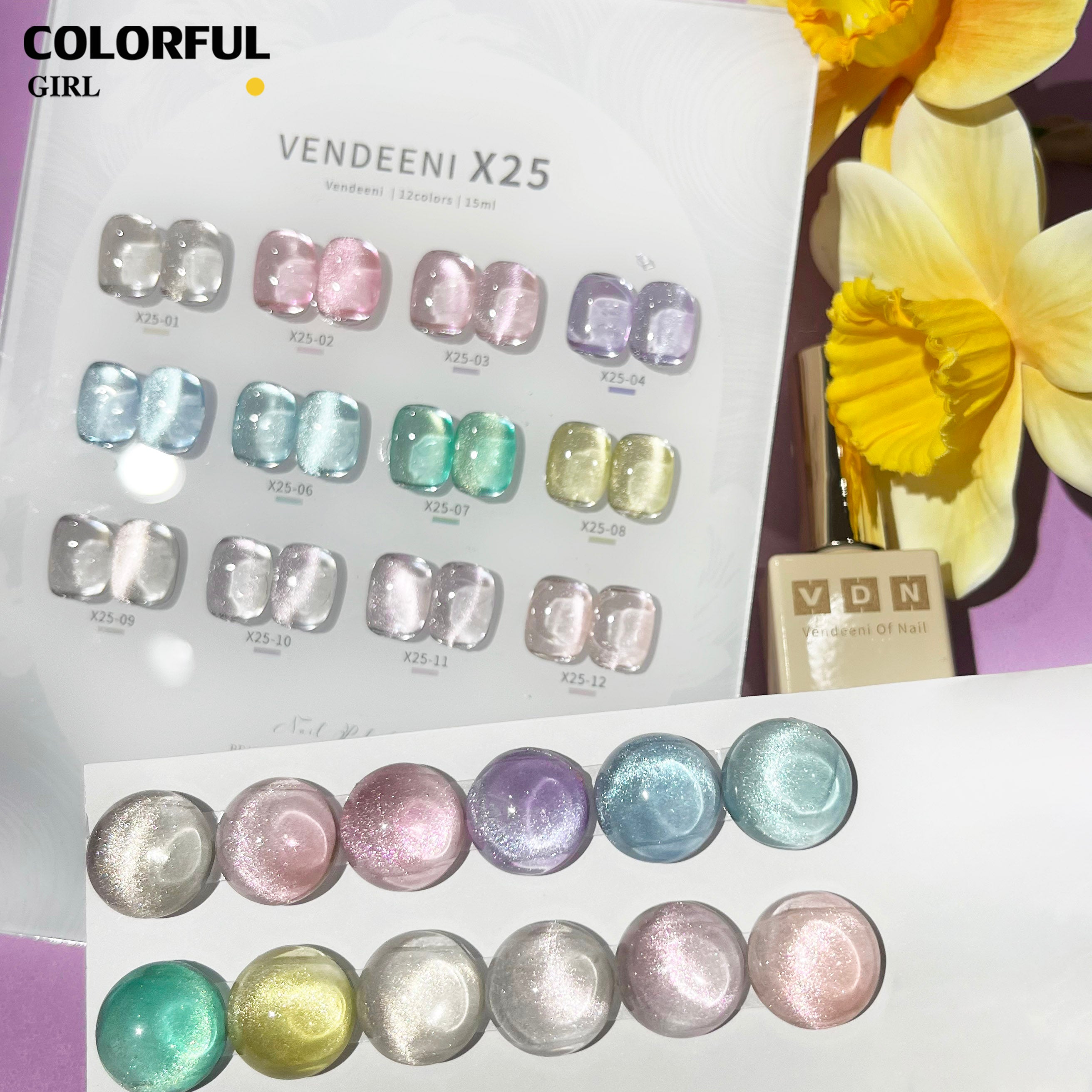 VENDEENI VDN-X25  สีเจลทาเล็บแคทอาย 12สี  แถมฟรีชาร์ทสี