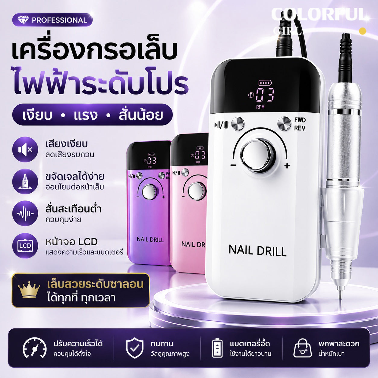 เครื่องเจียรเล็บไฟฟ้า ｜V6 เครื่องเจียรเล็บมืออาชีพ 45,000RPM｜ตะไบเล็บไฟฟ้า｜เครื่องเจียรเล็บไร้สาย｜เครื่องขัดเล็บไฟฟ้า｜หน้าจอ LCD อัจฉริยะ｜ปรับความเร็วได้ พร้อมระบบหมุนซ้าย-ขวา