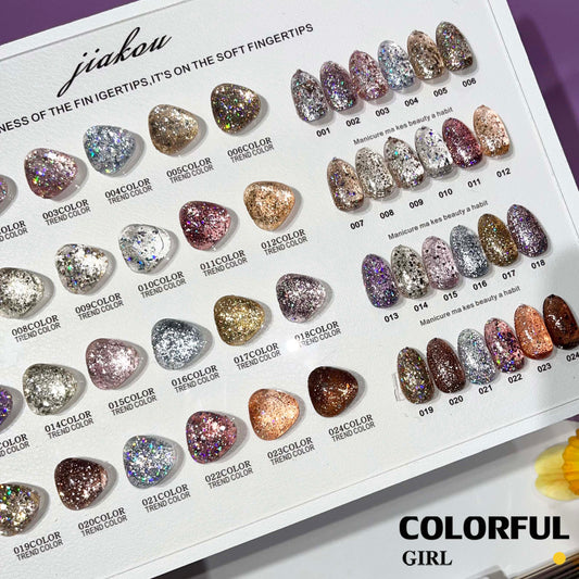 【พร้อมส่ง】สีเจลกากเพชรวิ้งแน่น 24 สี JIAKOU (JIAKOU)สีสวย  แถมชาร์ทอะคริลิคสำเร็จรูป (แถม ชาร์ทสี ทามาให้แล้ว)