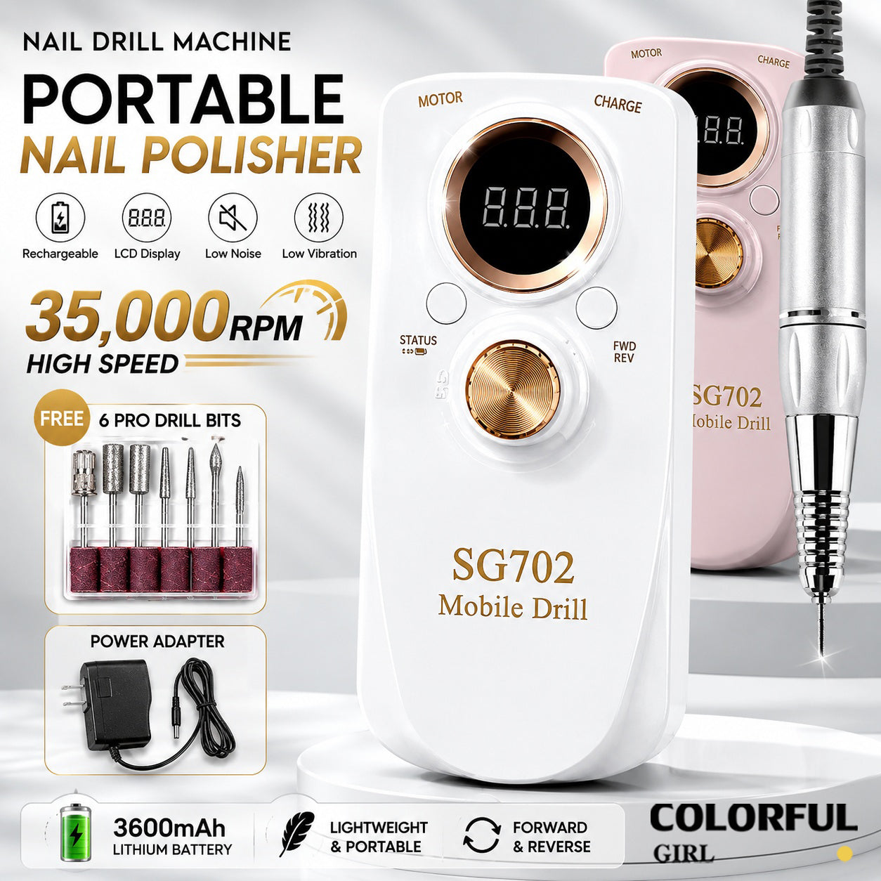 ✨ SG702 เครื่องเจียรเล็บไฟฟ้าแบบพกพา | เครื่องเจียรเล็บมืออาชีพ 35000RPM | ตะไบเล็บไฟฟ้าแบบปรับความเร็วได้ | เครื่องขัดเล็บไฟฟ้าแบบพกพา | ระบบหมุนซ้าย-ขวา เสียงเบา | ใช้ได้ทั้งร้านทำเล็บและใช้งานในบ้าน