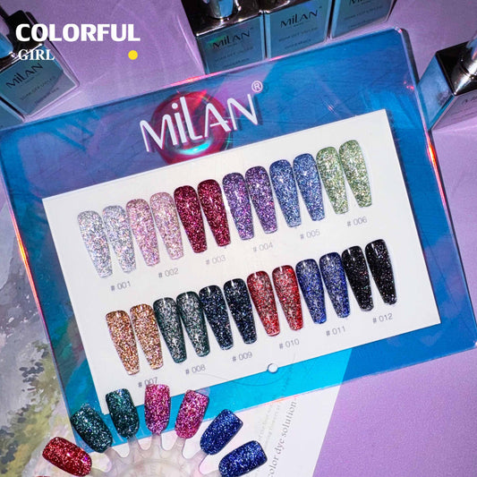 【พร้อมส่ง】milan   สีเจลแฟลช 12 สี (milan )สีเจลทาเล็บ สี แถม ชาร์ทสี ยาทาเล็บเจล  15 มล.