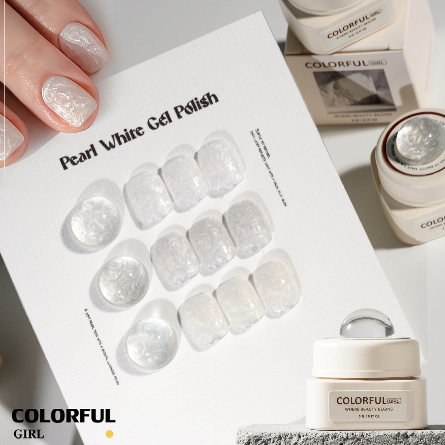 Colorful Girl Nail สีเจลมุก (ขาว / เงิน / ทอง) ปริมาณ 5 กรัม / เนื้อเจลข้น ช่วยให้ลวดลายชัดเจนยิ่งขึ้น สีเจลมุกขาว เหมาะสำหรับทำลายหินอ่อน สีสวย เงาวาว ดูหรูมีมิติ