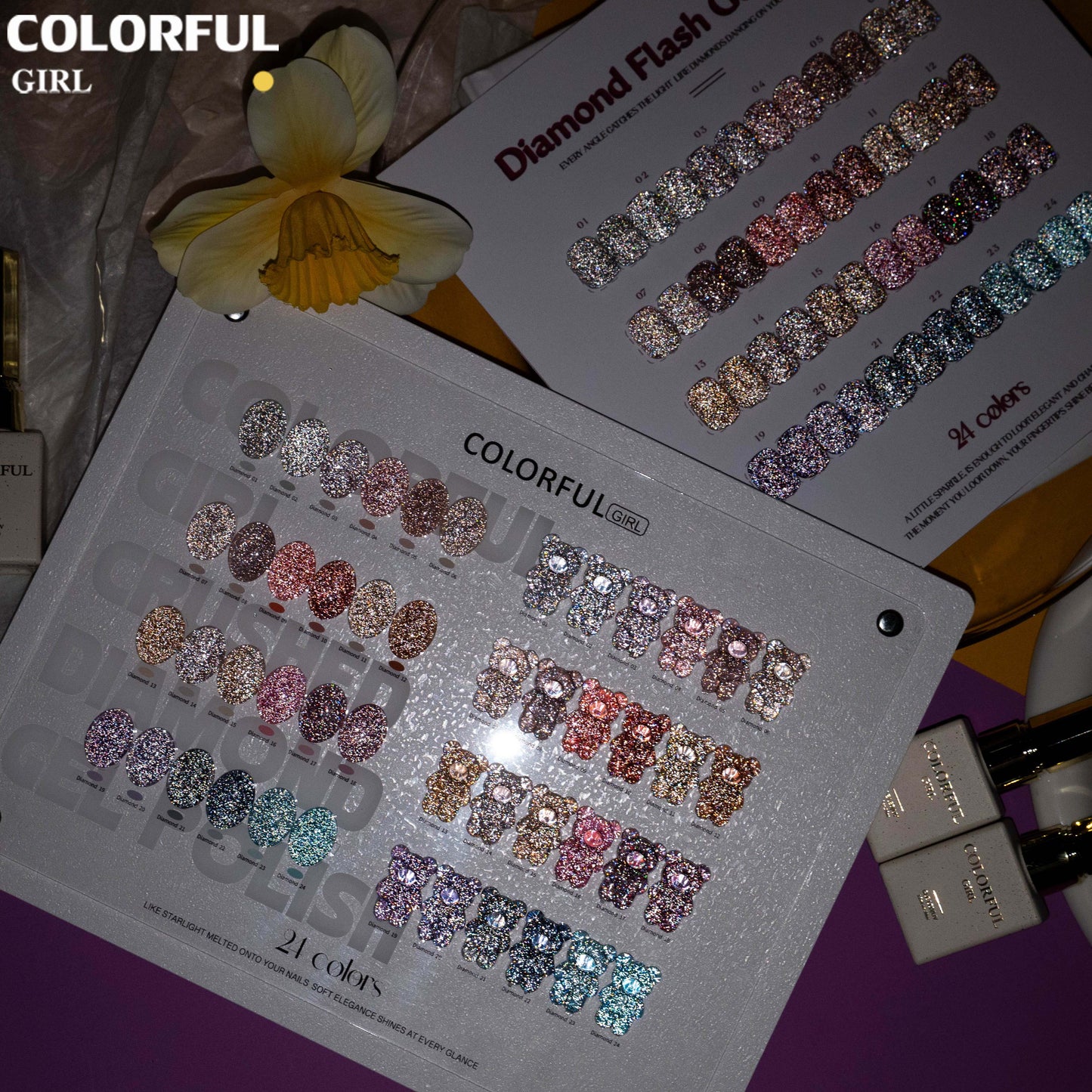 COLORFUL GIRL 24 สีเจลแฟลช ✨ พาเลทสีเล็บกลิตเตอร์เพชร｜ฟีลลูกแก้วมุกฉ่ำวาว｜โทนสีเล็บประกายแสงเหมือนทางช้างเผือก｜อุปกรณ์ทำเล็บมืออาชีพ💅