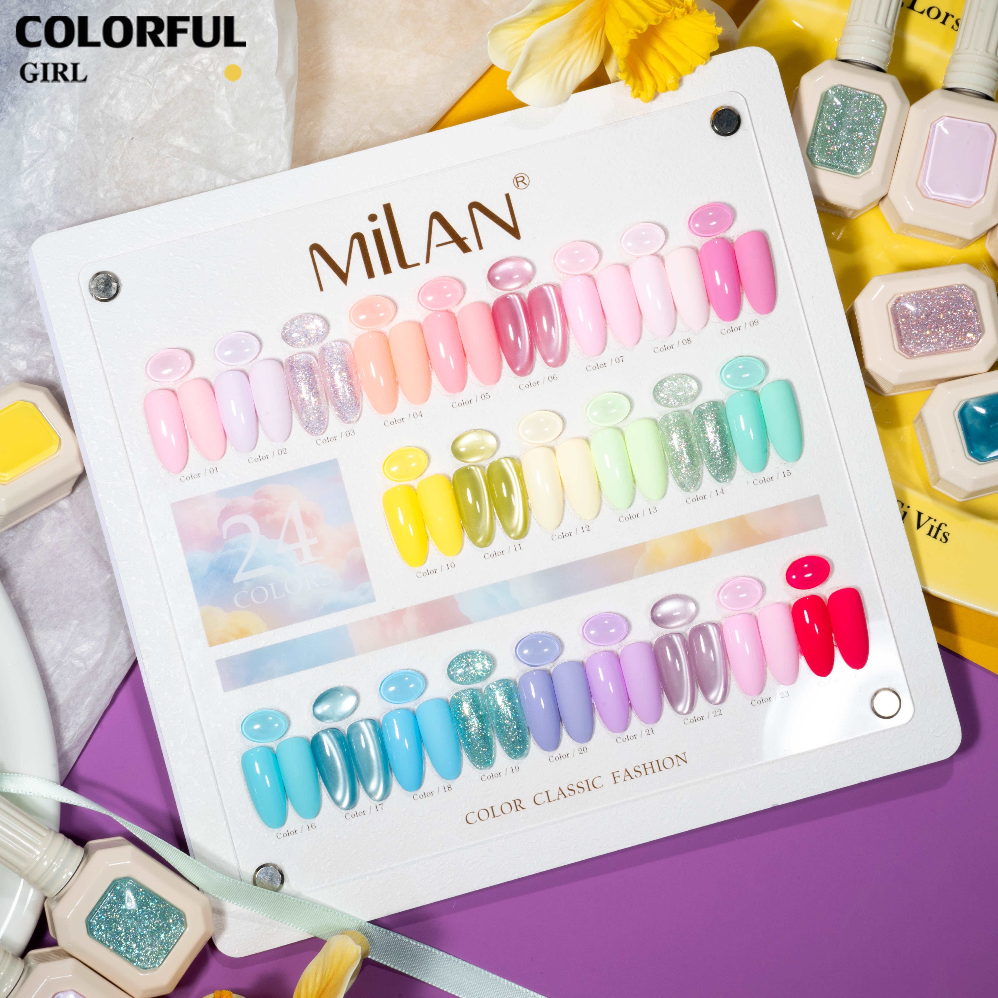 ชุดสีเจล MILAN มาการอง 24 สี โทนลูกกวาดสุดละมุน รวมสีเจลแฟลช สีเจลแคทอาย สีเจลไซรัป สีเจลแคทอายเนื้อซาติน และสีเจลสีพื้น (ทามาให้แล้ว พร้อมใช้งาน) ชุดเจลทำเล็บ UV/LED สำหรับงานทำเล็บสุดคิ้วท์และดูหรูในเซ็ตเดียว ✨